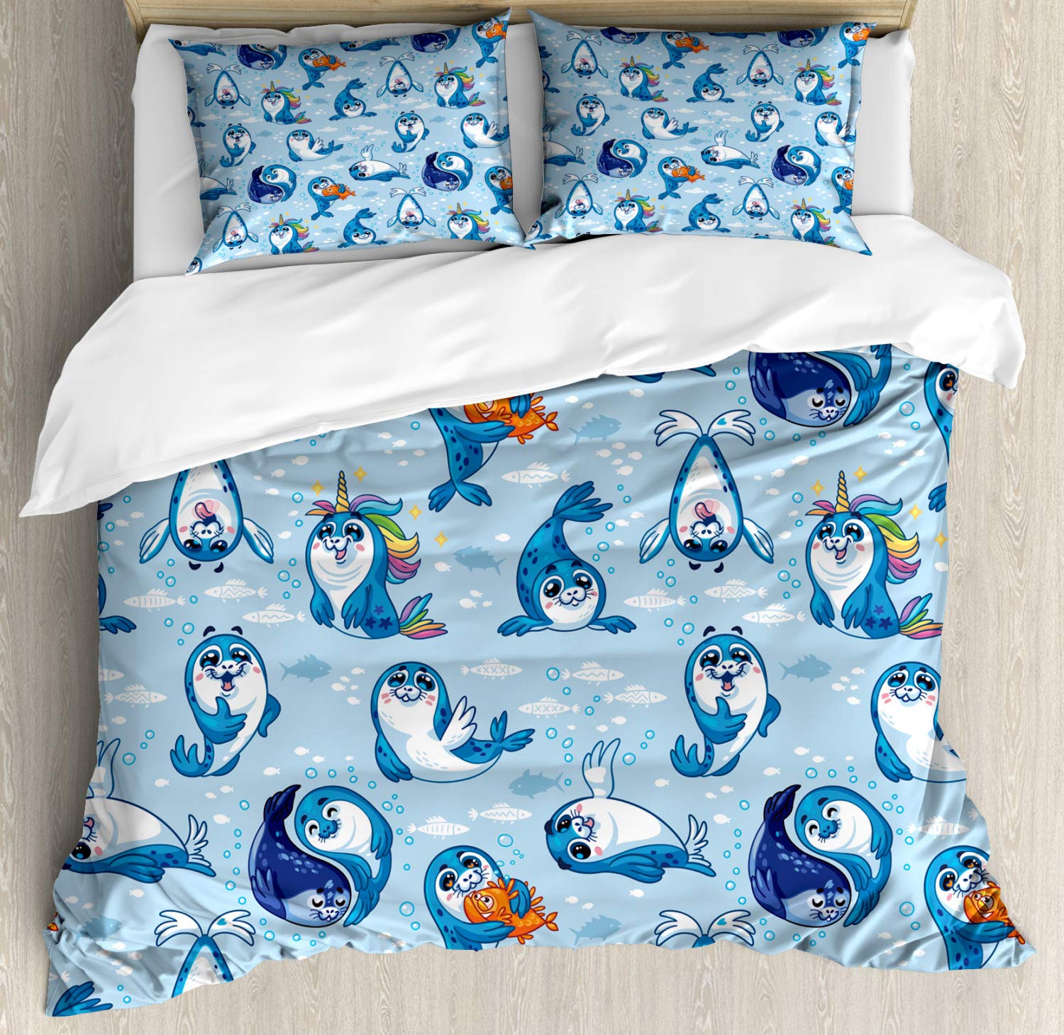 Ambesonne Sea Animals Duvet Cover Set - Seal Pup & Aquatic Wildlife Design with Water Bubbles, 3 Piece Queen Size Bedding Set with 2 Pillow Shams, Blue White Marigold - Perfect for Kids' Rooms, Beach Themed Bedrooms & Ocean Lovers' Home Decor