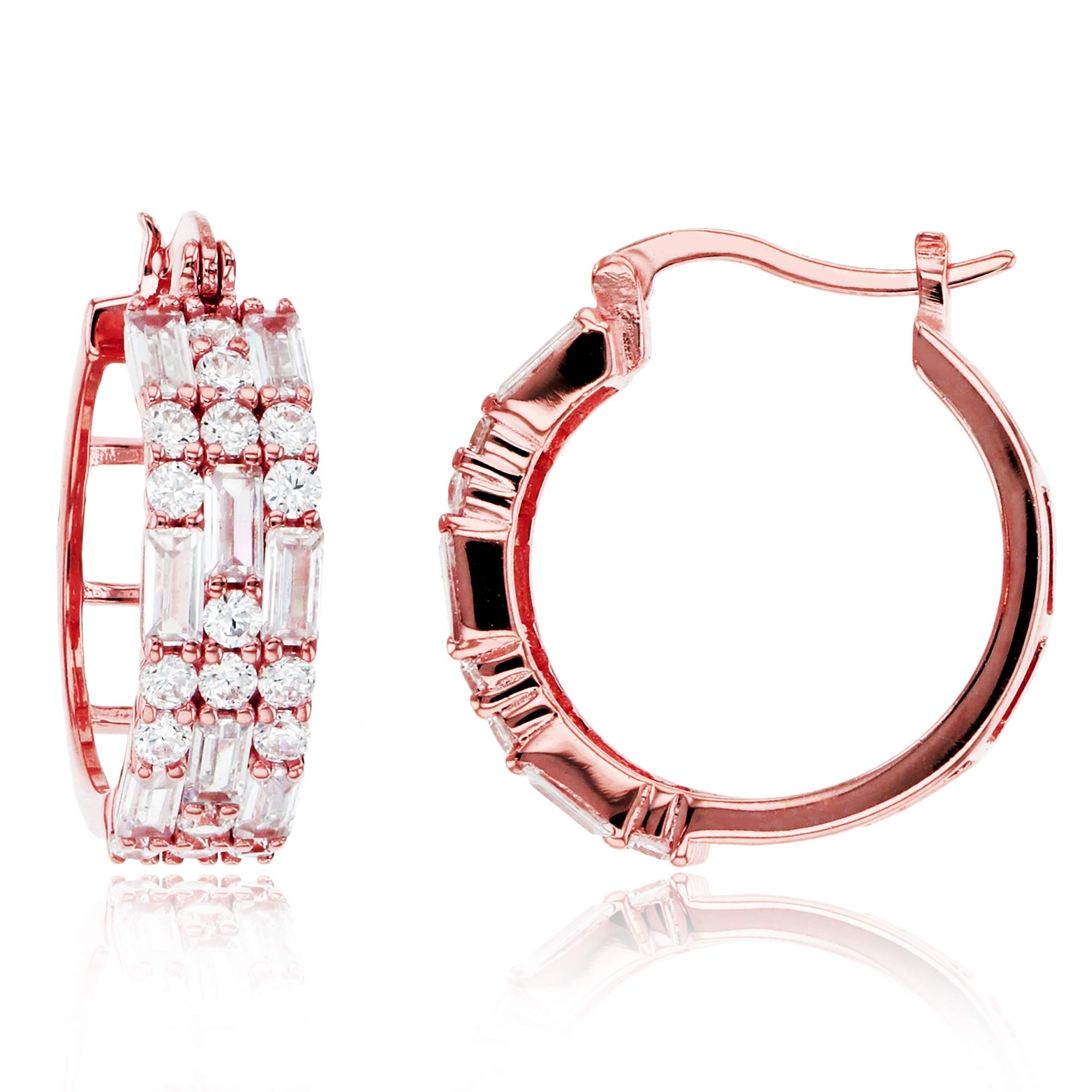 Elegant Sterling Silver Rose Baguette & Round Cubic Zirconia Hoop Earrings for Women | Hypoallergenic Fashion Jewelry | Perfect for Parties, Weddings & Everyday Wear