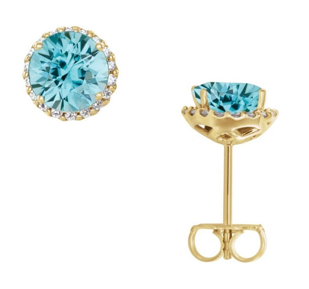 14K Yellow Gold Blue Zircon and Diamond Halo Stud Earrings for Women | Elegant Birthstone Jewelry Gift for Anniversary, Birthday & Special Occasions