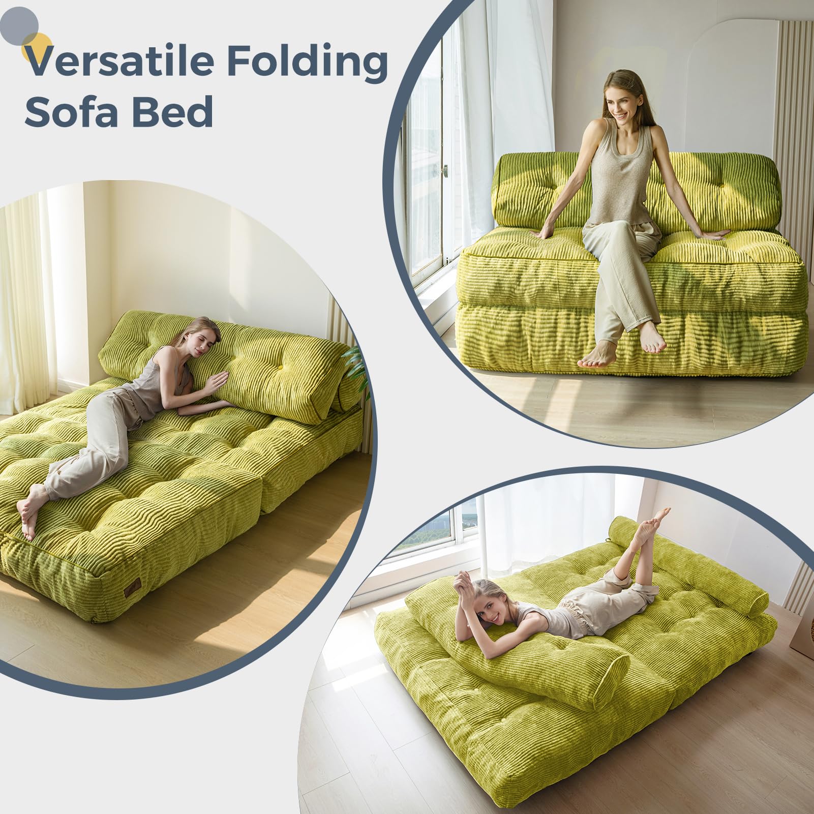 MAXYOYO Convertible Folding Sofa Bed - Double Size Sleeper Chair with Pillow & Back Support, Foldable Mattress for Small Spaces (Green) - Perfect for Guest Room, Studio Apartments & Living Room Lounging
