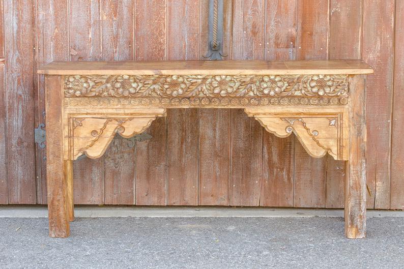 Hand Carved Floral Design Wooden Console Table - Antique Entryway Sofa Table for Hallway, Living Room & Bedroom Decor