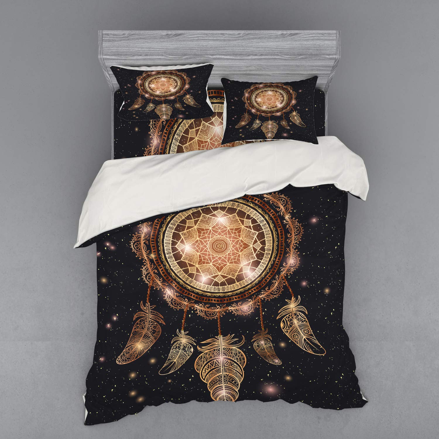 Ambesonne Mandala Duvet Cover Set - Bohemian Dreamcatcher Design with Magic Feathers & Starry Backdrop, 4-Piece Queen Size Bedding Set with Pillow Shams & Fitted Sheet, Multicolor - Perfect for Boho Chic Bedroom Decor & Hippie Style Home