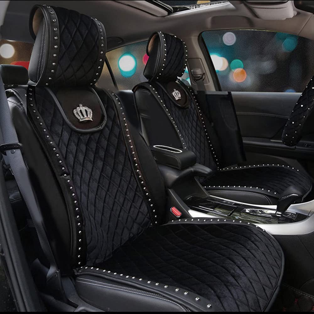 Queen Velvet Car Seat Covers - 2PCS Black Retro Punk Style with Rivet Design for Small Waist Support | Comfortable Short Velvet Cushion for Cars, Trucks & SUVs | Perfect for Road Trips & Daily Commute