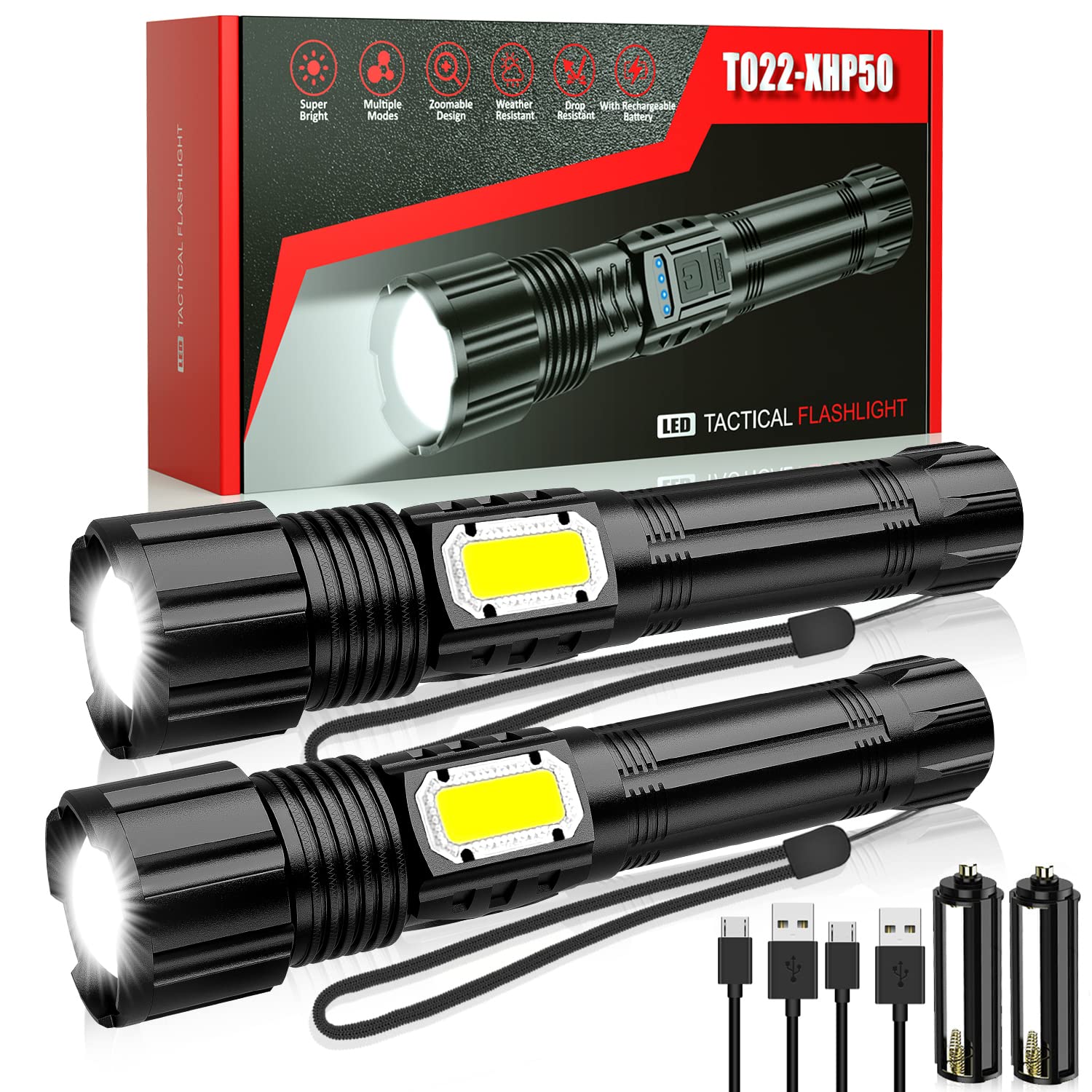 **Rechargeable 10000 Lumen Tactical Flashlight - Super Bright LED, 5 Modes, Zoomable, Waterproof with Battery Holder & Power Indicator - Perfect for Camping, Hiking, Emergency & Outdoor Adventures (2 Pack)**