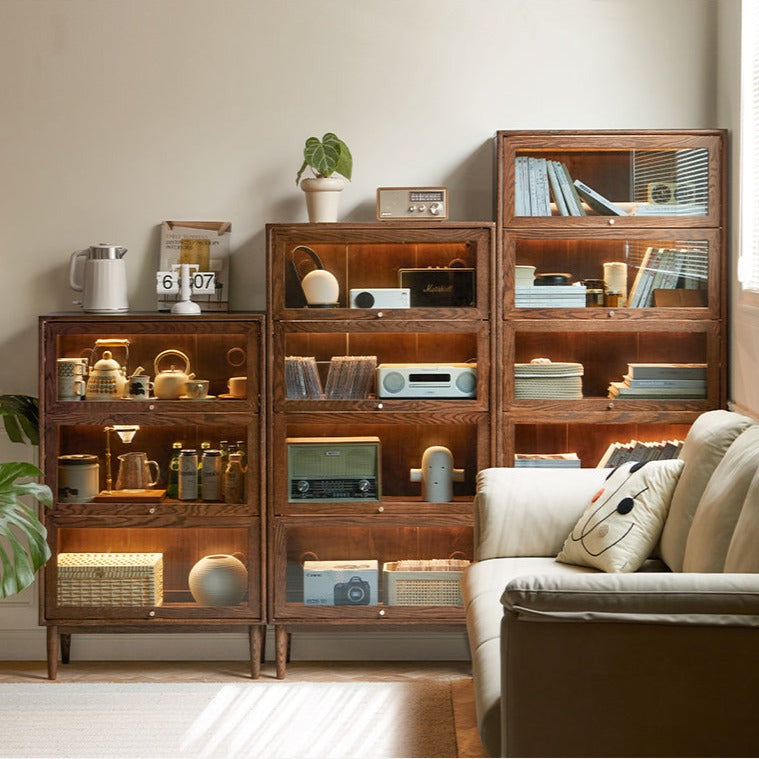 Solid Black Walnut & Oak Wood Glass Flip Door Bookcase - Modern Side Cabinet for Living Room, Office & Bedroom Storage