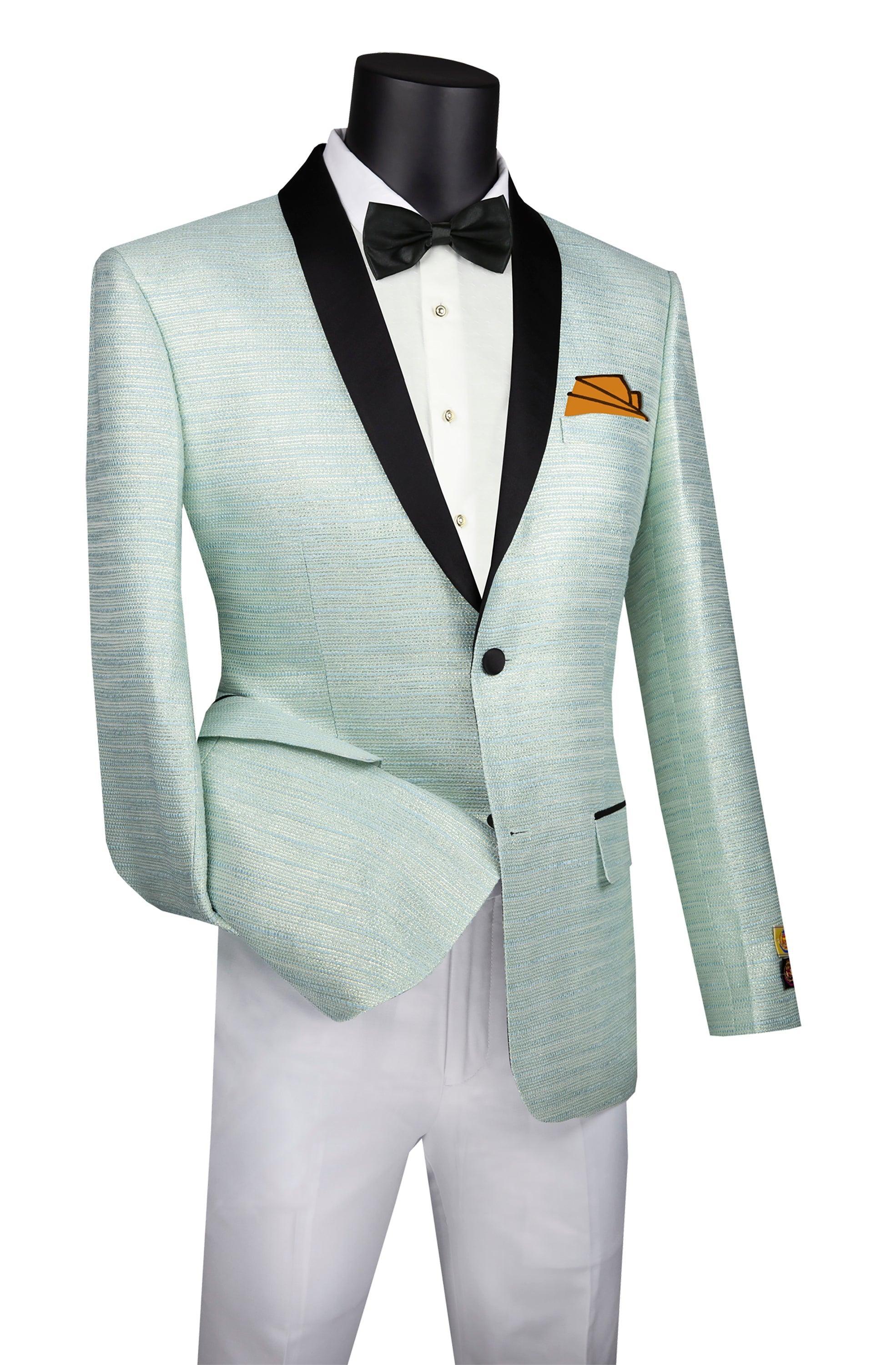 Stylish Pale Aqua Metallic Stripe Slim Fit Jacket with Elegant Black Shawl Lapel - Perfect for Business Meetings, Cocktail Parties & Evening Events