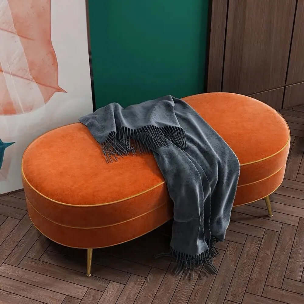 Modern Orange Velvet Upholstered Bench with Gold Legs - Stylish Ottoman for Living Room, Bedroom or Entryway Seating