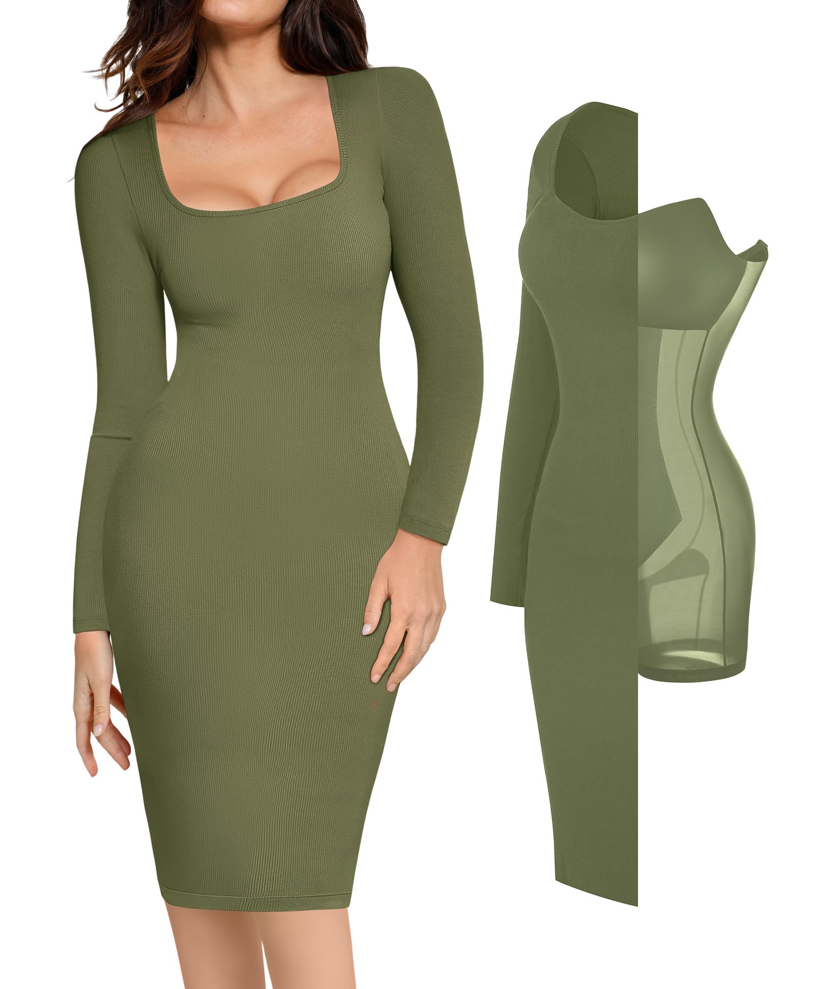 Popilush Women's Long Sleeve Bodycon Midi Dress with Built-in Bra - Tummy Control Shapewear for Cocktail Party, Night Out, Date Night & Special Occasions