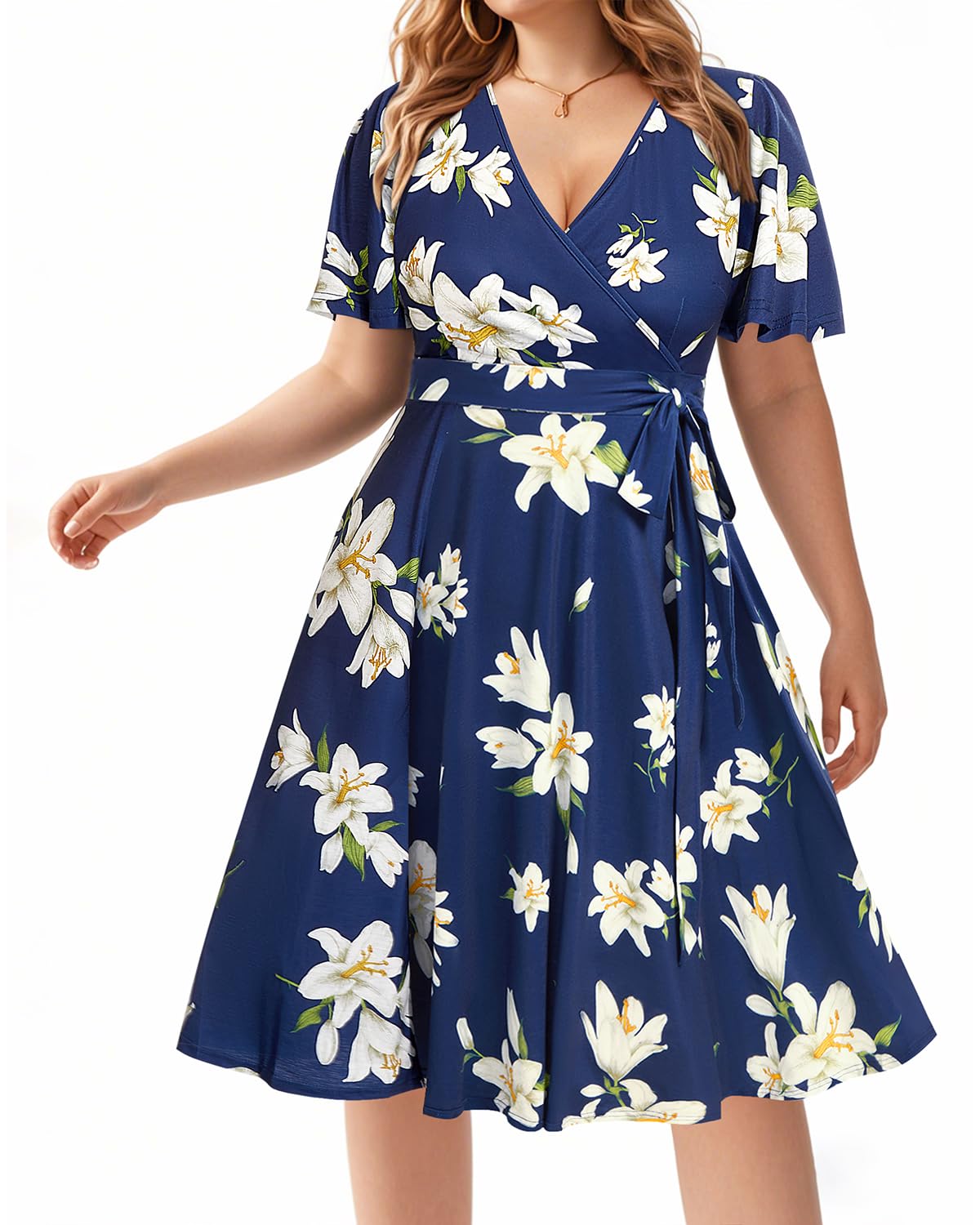Plus Size Pinup Fashion Women's Cocktail Dress - Semi Formal Wrap Empire Waist Midi Dress for Wedding Guest & Special Occasions