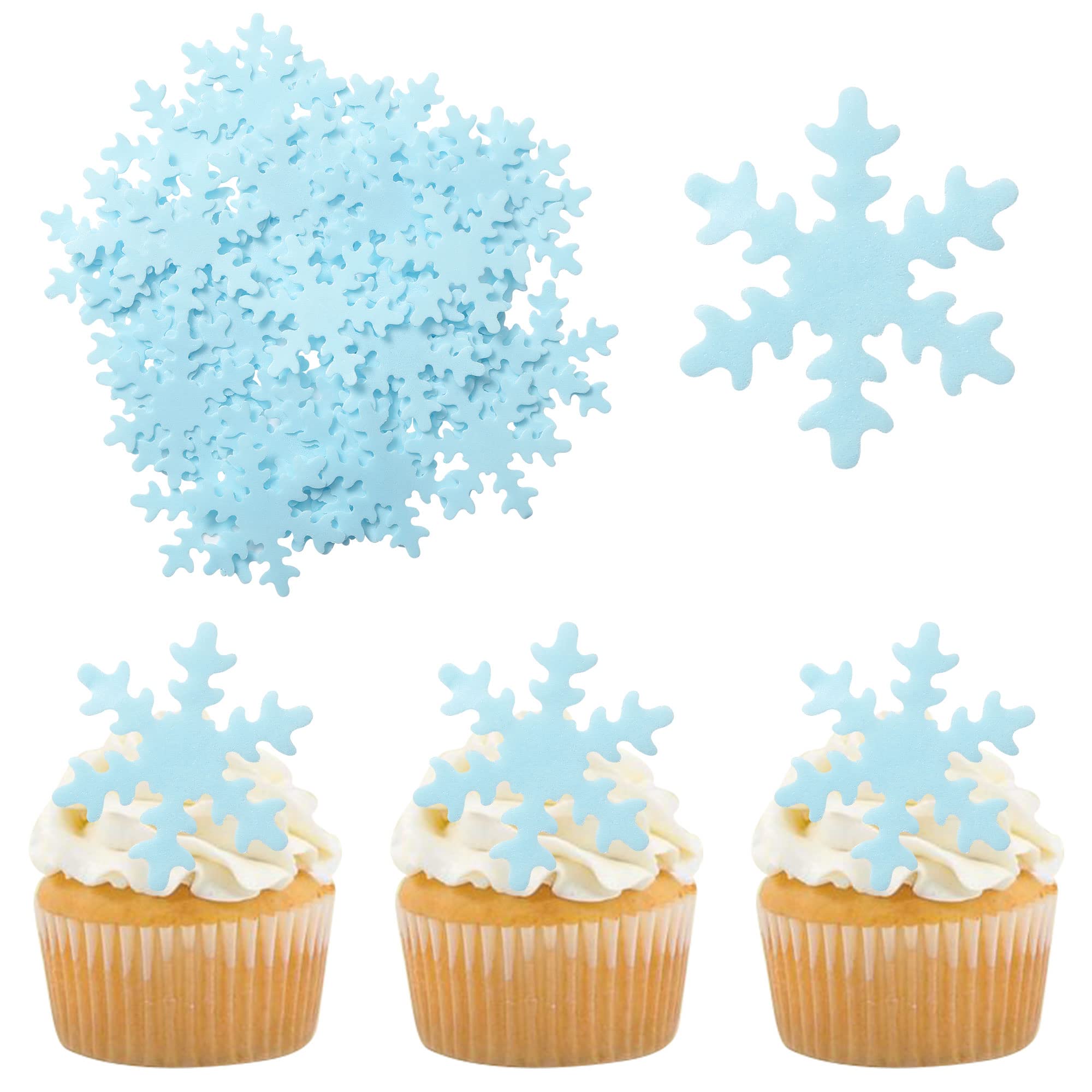 50Pcs Edible Blue Snowflake Cupcake Toppers - Christmas Winter Frozen Party Decorations for Cakes, Cookies & Desserts - Perfect for Holiday Baking, Birthday Parties & Themed Events