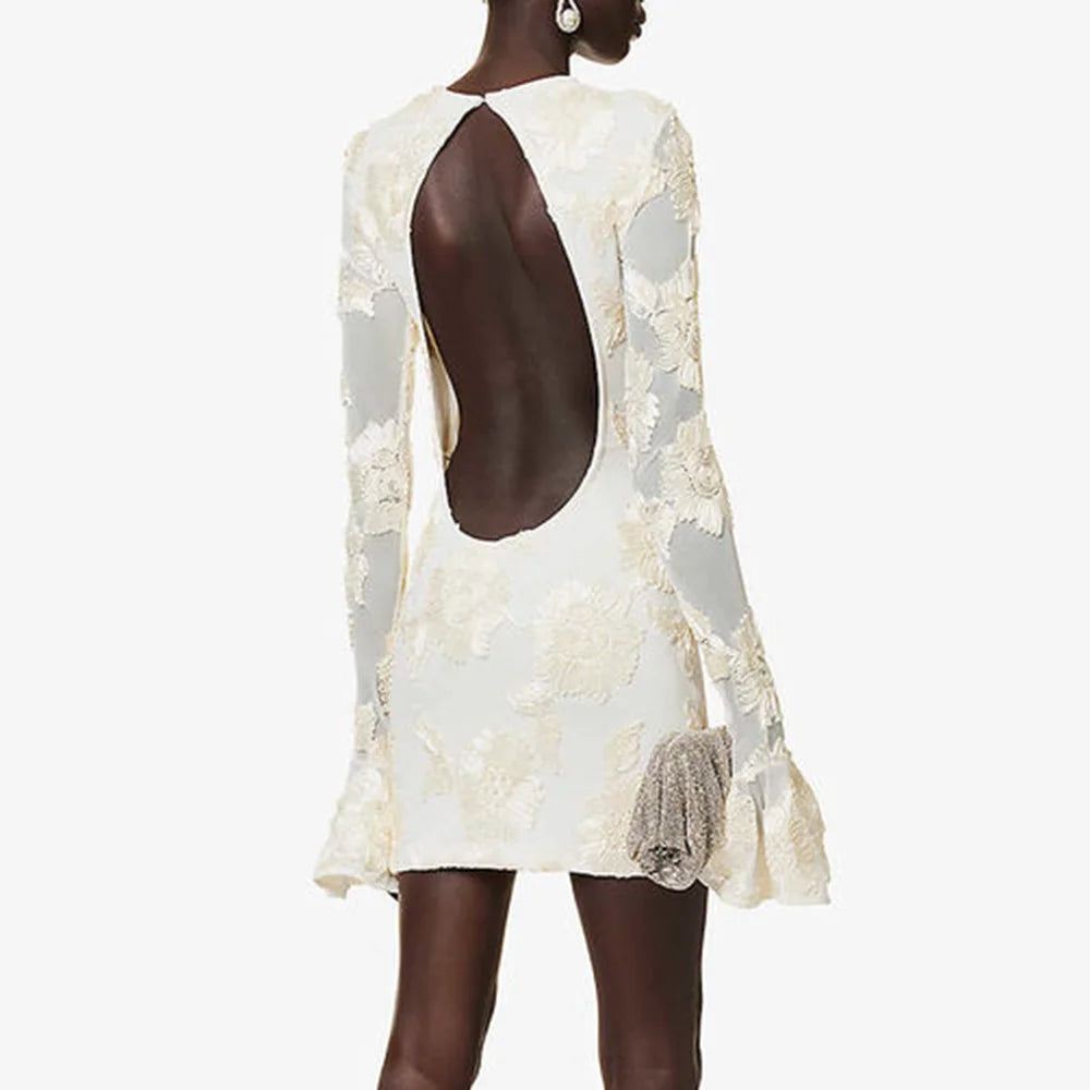 Sexy Backless Mini Dress for Women - Round Neck, Flare Sleeve, High Waist Patchwork Jacquard A-Line Dress | Perfect for Date Night, Club Outfits & Summer Parties