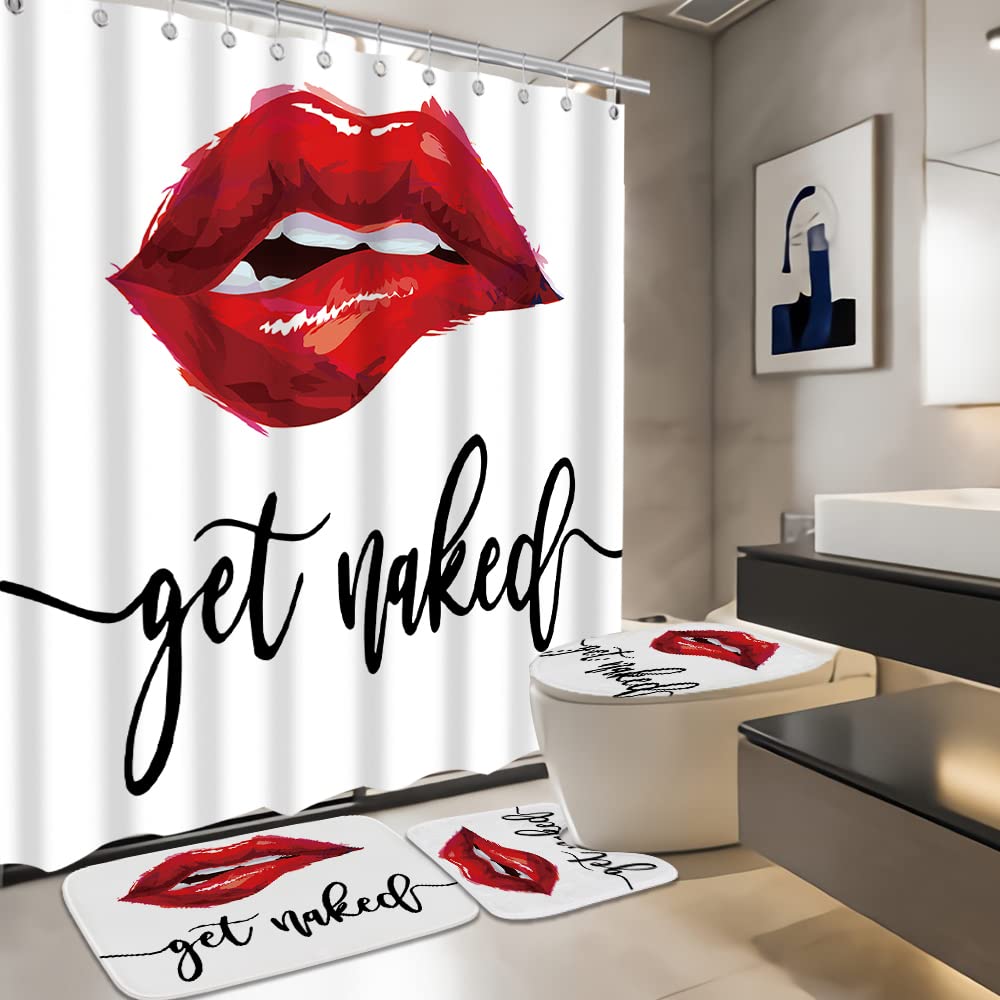 4-Piece Red Lips Art Bathroom Set - Sexy Kiss Shower Curtain, Bath Mat, Toilet Cover & Hooks (72x72 Inch) | Funny Quote Decor for Modern & Romantic Bathrooms