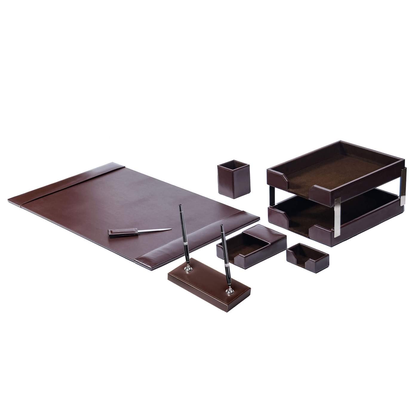 Premium Dark Brown Bonded Leather 9-Piece Office Desk Set - Includes Pen Holder, Letter Tray & More - Perfect for Home Office, Executive Suite & Corporate Gifts