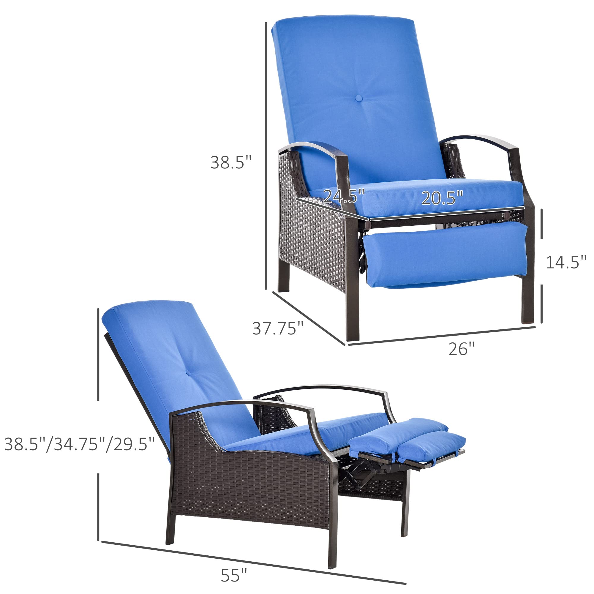 Outsunny Outdoor Recliner Chair - Adjustable Patio Lounge Chair with Comfortable Cushions, Footrest & Armrests - PE Wicker Furniture for Balcony, Porch, Backyard - Perfect for Relaxing, Sunbathing & Outdoor Lounging (Blue)