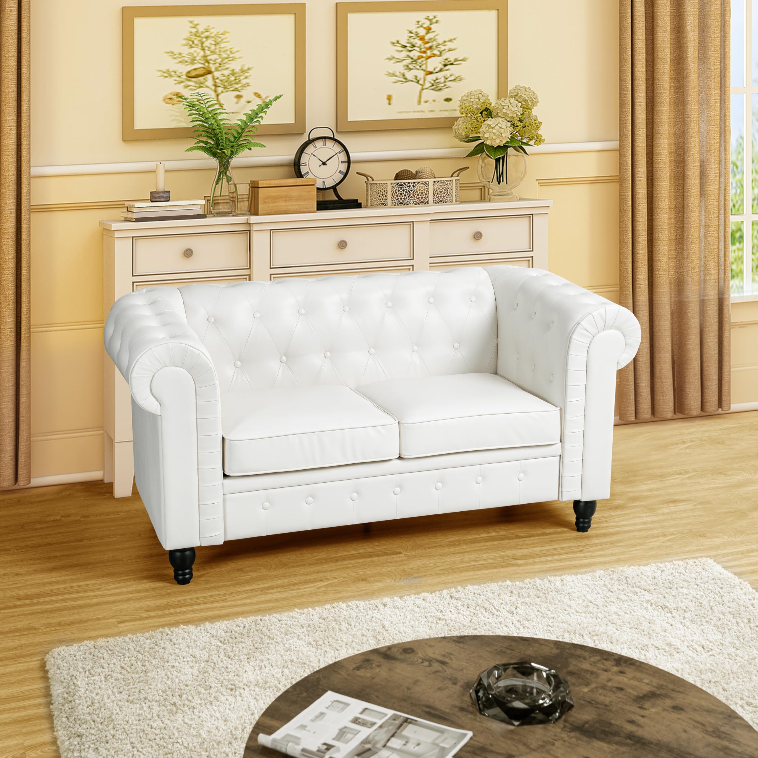 Naomi Home Emery Chesterfield Leather Loveseat - Small 2-Seater Sofa Bed with Tufted Cushions & Rolled Arms | Compact Sleeper Loveseat for Small Spaces | Perfect for Living Rooms, Apartments & Guest Rooms (Off White)