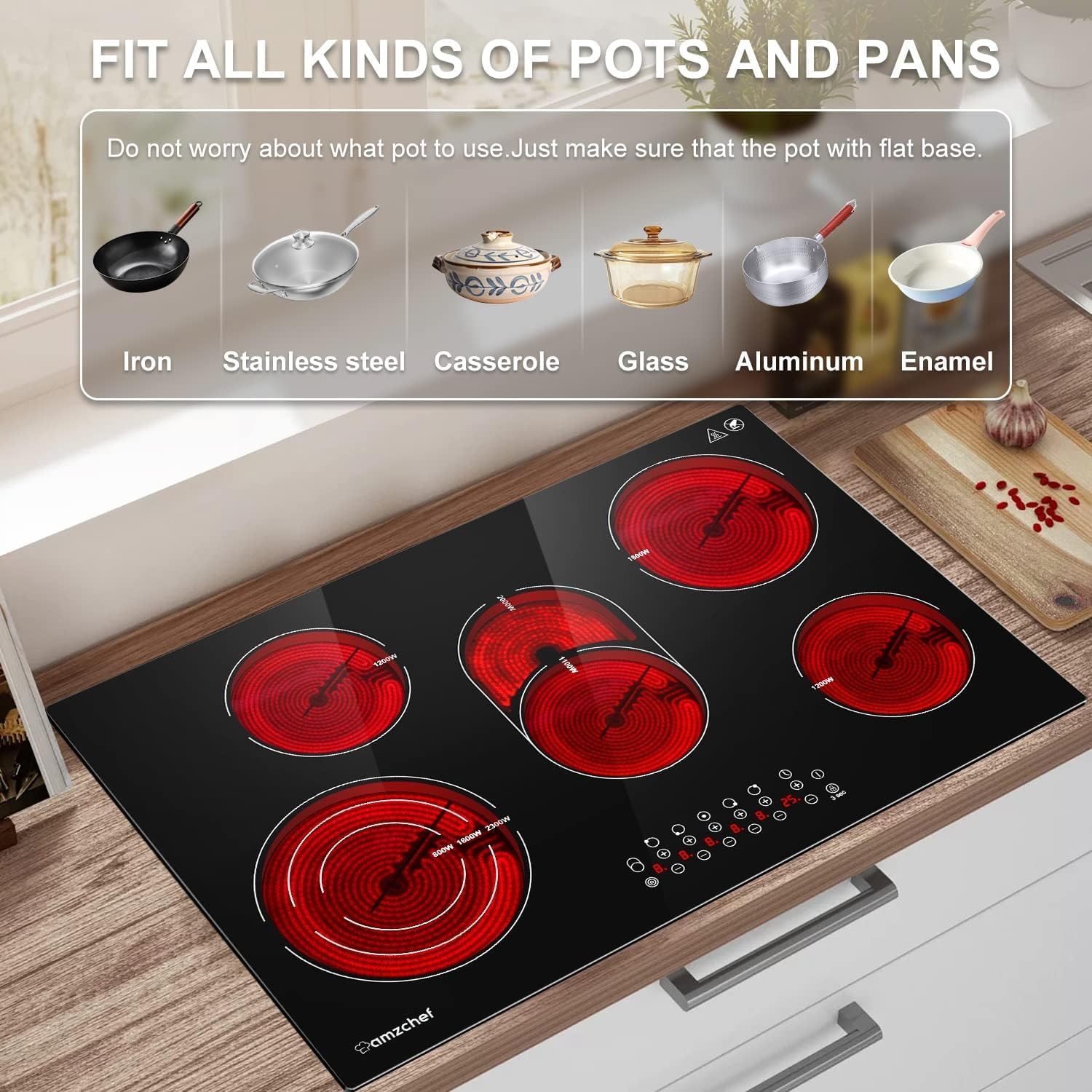 AMZCHEF 30 Inch 8500W 5-Burner Electric Stove Cooktop - Drop-in Ceramic Glass Cooktop with Child Lock & Timer, 220-240V Hardwired - Perfect for Home Kitchen, Restaurant & Commercial Cooking