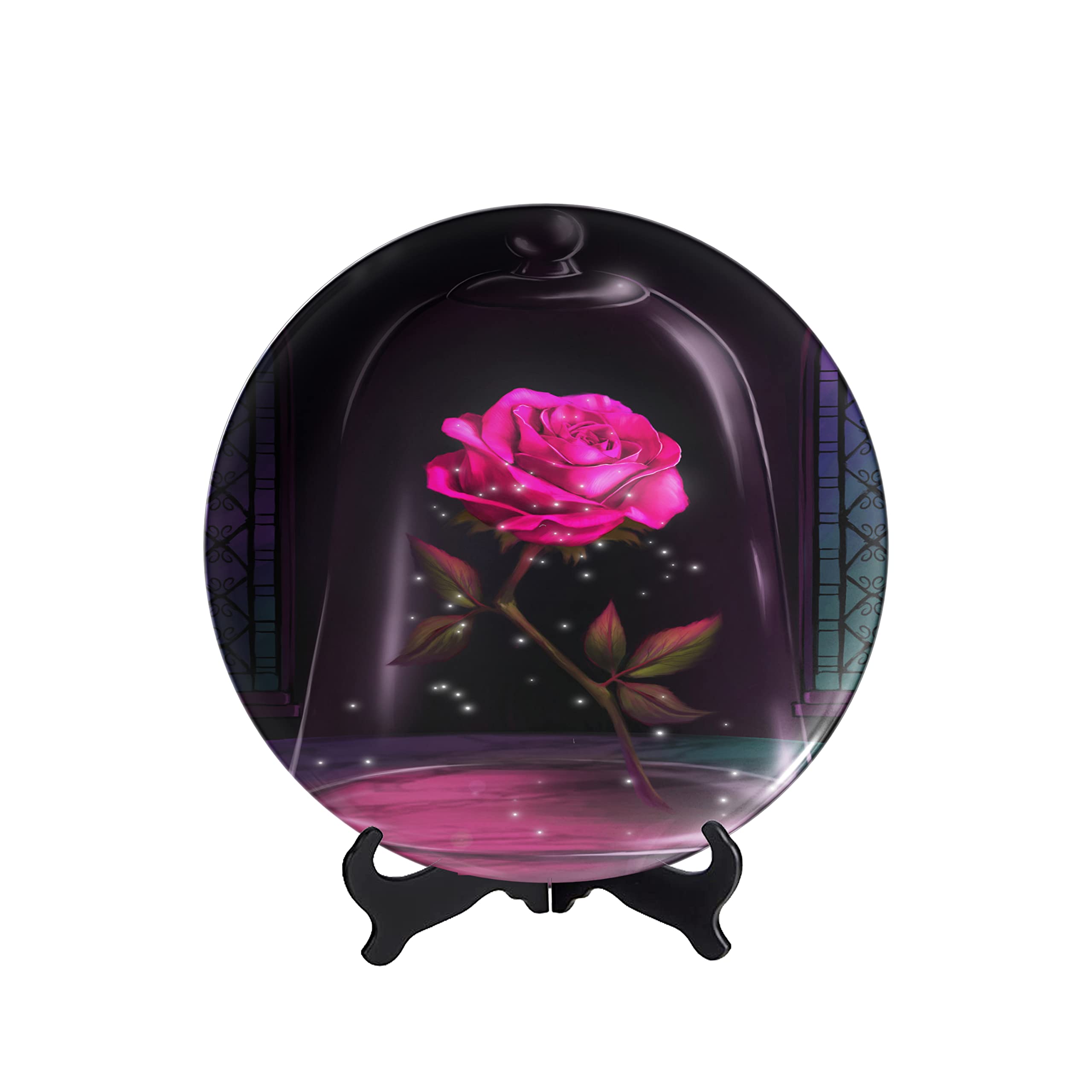 QGCC Elegant Red Rose Ceramic Decorative Plates with Display Stand - Handcrafted Home Decor for Dining Table, Wall Display & Gift Giving - Perfect for Valentine's Day, Weddings & Anniversary Decorations