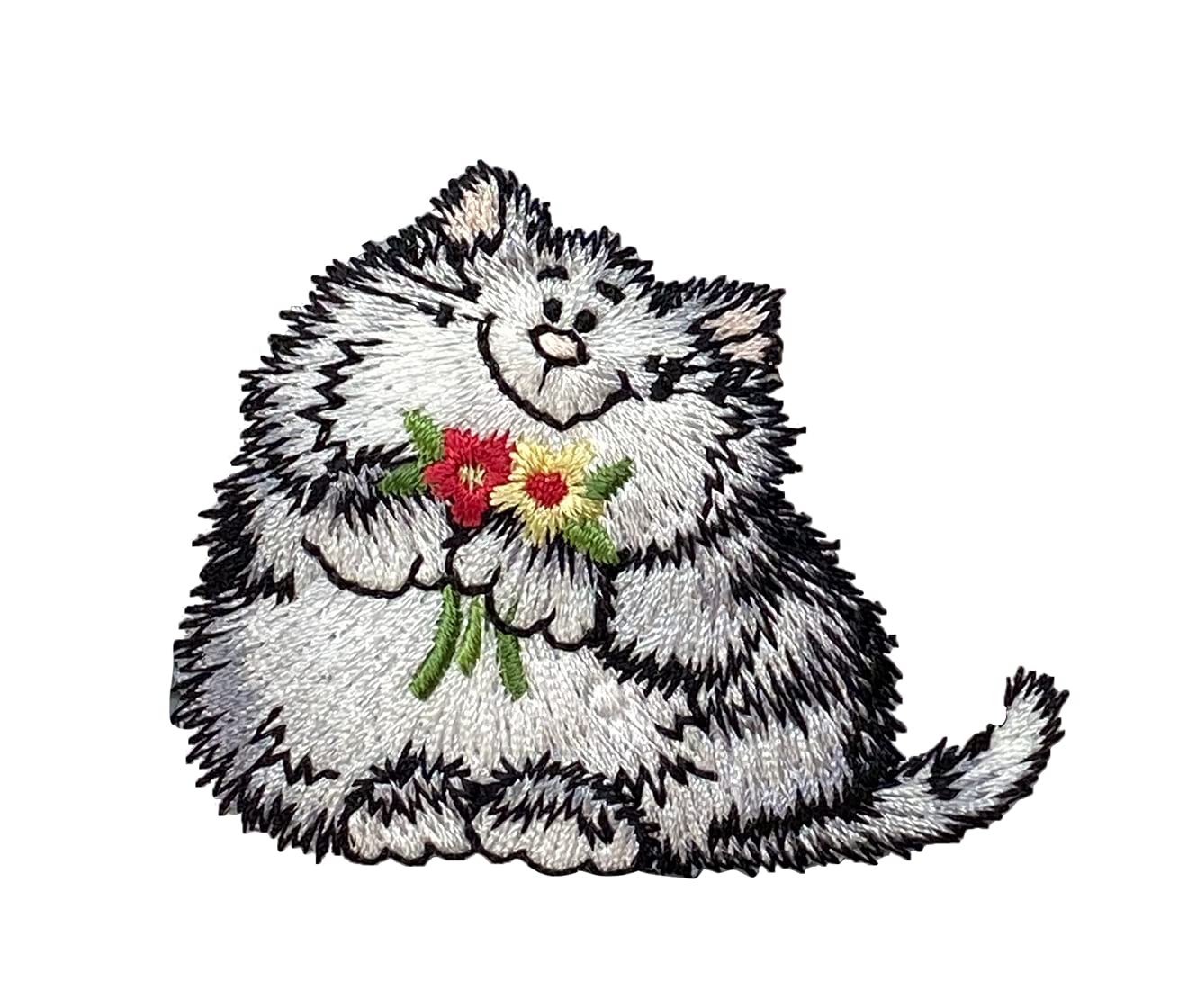 Gray Kitty Cat Embroidered Iron On Patch with Red & Yellow Flowers - Perfect for Pet Lovers, DIY Clothing, Jackets, Backpacks & Costume Decoration