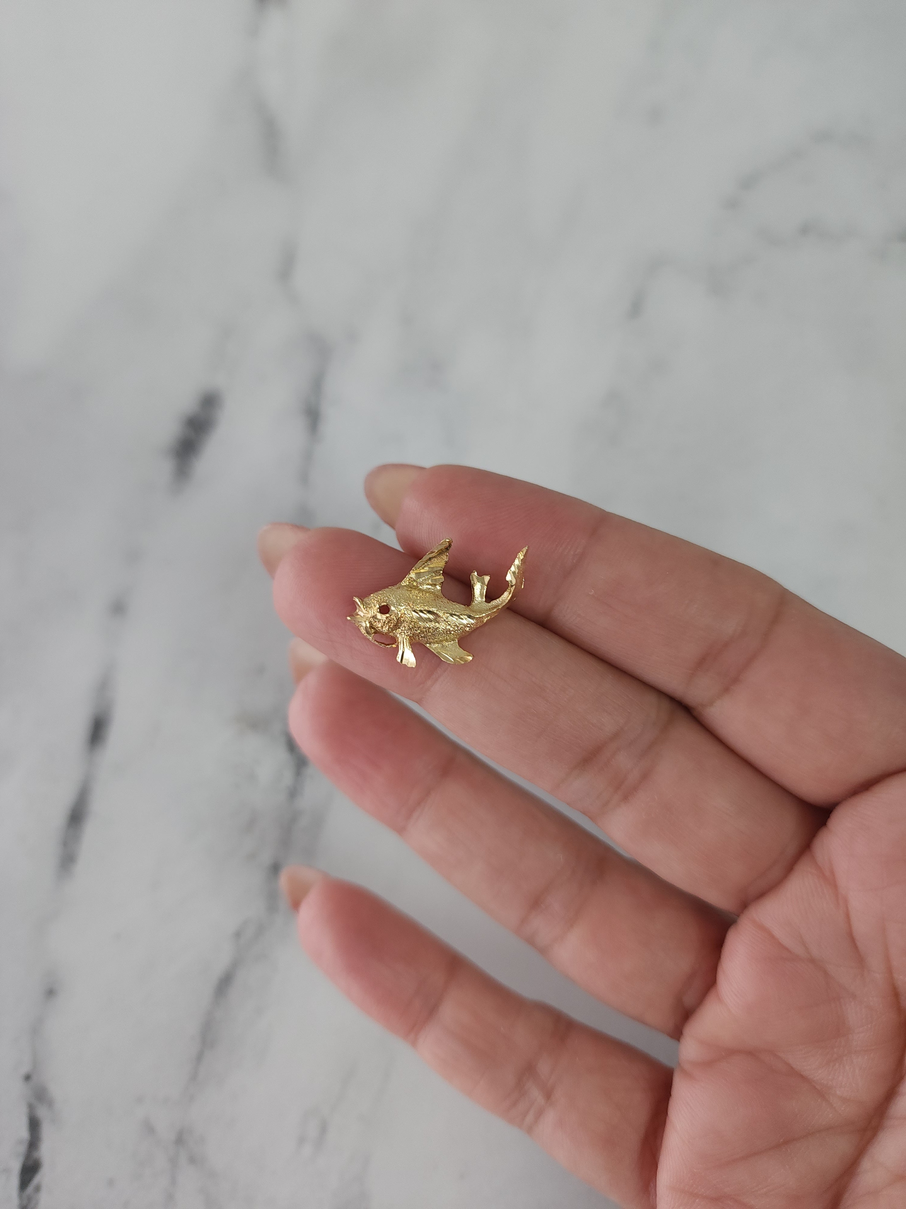 14k Yellow Gold Sand Textured Fish Charm with Diamond Cuts - Elegant Jewelry for Women, Perfect Gift for Birthday, Anniversary & Special Occasions