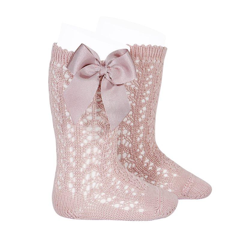 Elegant Dusky Pink Lace Openwork Bow Socks for Women - Fashionable Ankle Socks for Valentine's Day, Bridal Shower, or Romantic Date Outfits