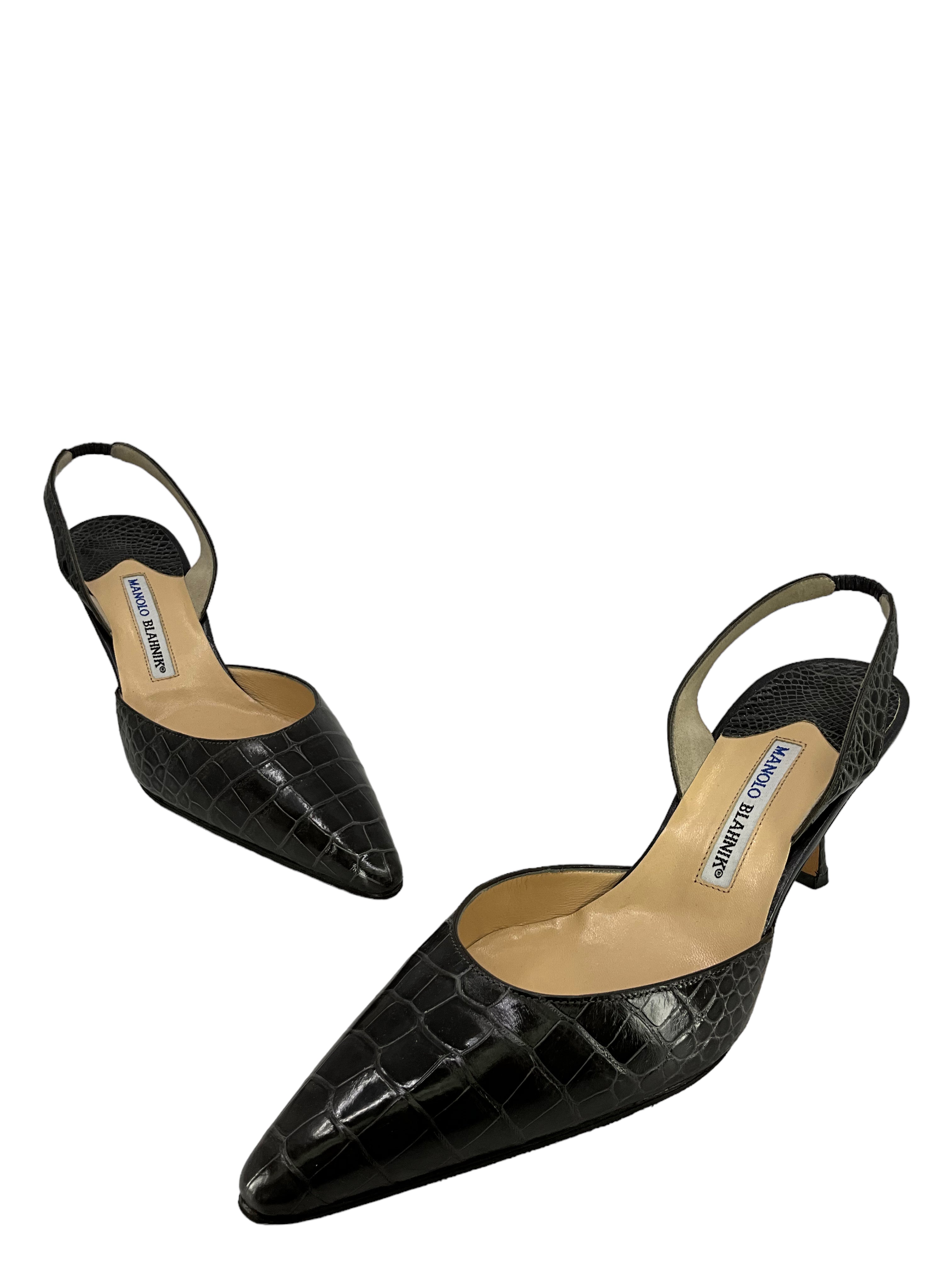Manolo Blahnik Gray Alligator Leather Slingback Heels Women's Size 11 - Perfect for Evening Parties & Special Occasions