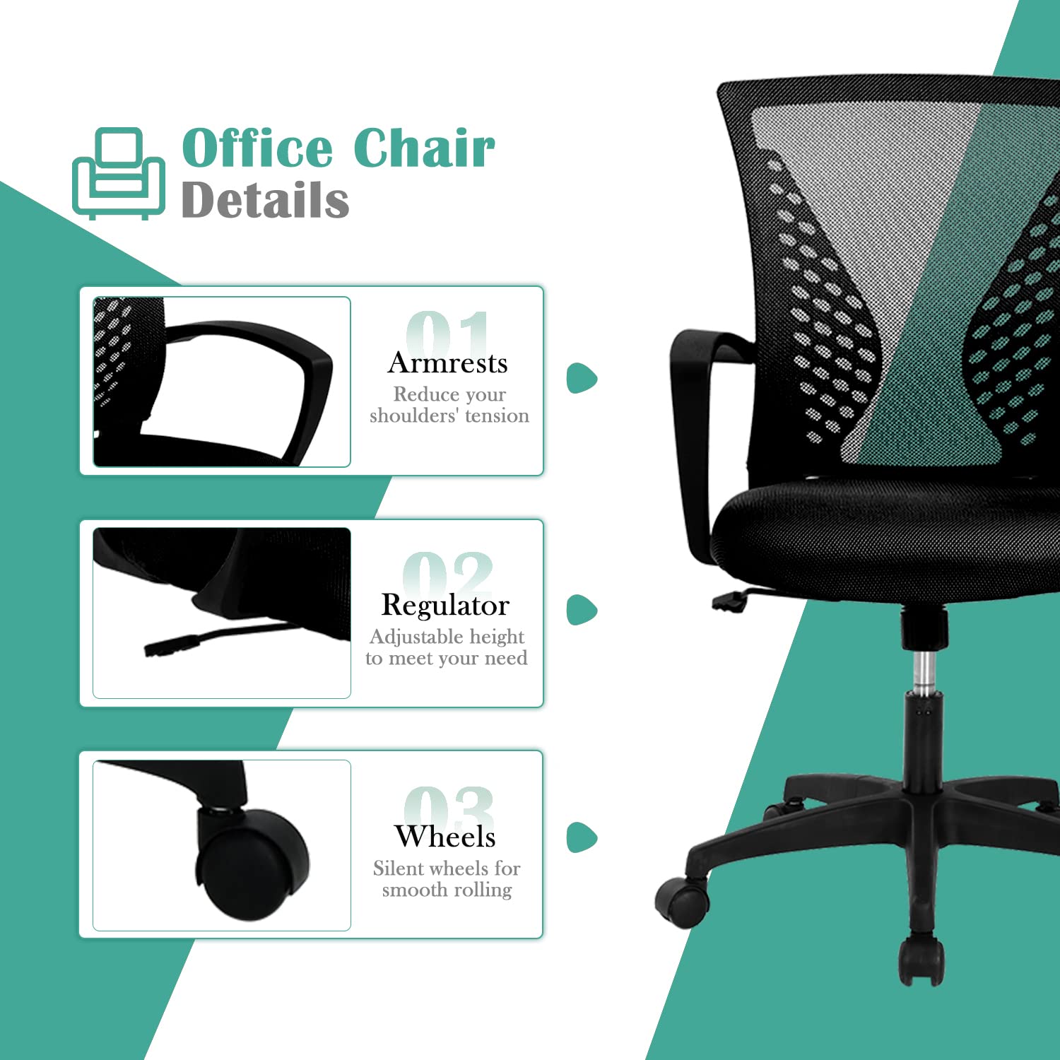 Ergonomic Office Chair for Women - Mid Back Mesh Computer Chair with Adjustable Armrests & Lumbar Support - Breathable Swivel Desk Chair for Home Office, Meeting Room, Gaming & Working - Comfortable & Stylish Silla de Oficina