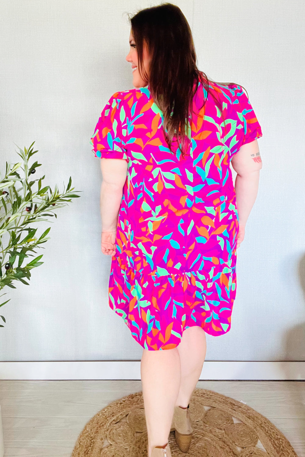 Fuchsia Tropical Leaf Print Woven Ruffle Hem Dress with Pockets - Women's Summer Beach Dress for Vacation, Party & Casual Wear