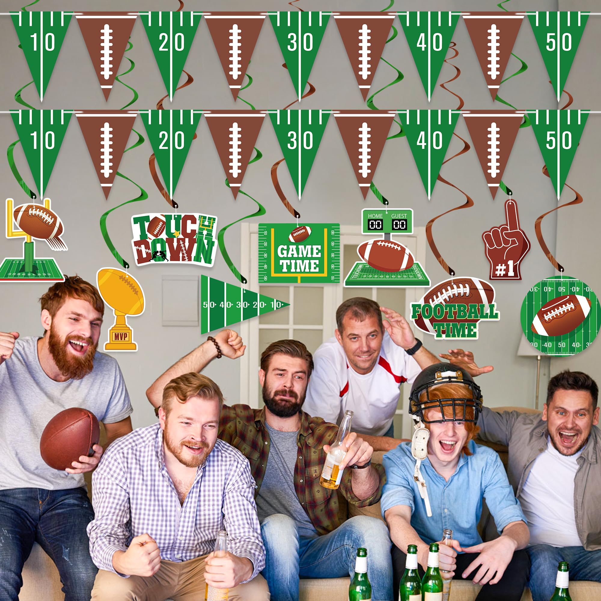 Football Party Decorations Set - 2 Pennant Banners & 9 Hanging Swirls for Super Bowl, Game Day & Tailgate Parties - Ready-to-Use Football Birthday Supplies for Sports Themed Events