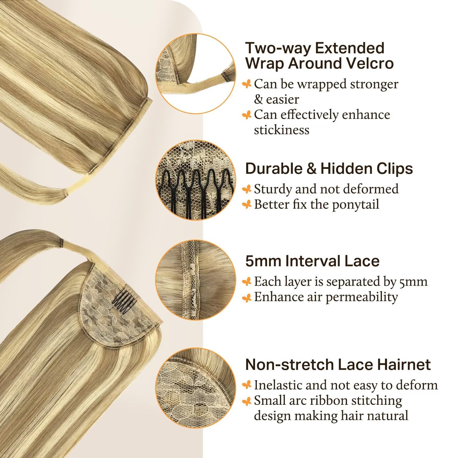 DOORES 20 Inch Clip-in Ponytail Hair Extensions - 90g Human Hair, Balayage Light Blonde with Golden Highlights | Straight Wrap-Around Ponytail with Magic Paste | Perfect for Parties, Weddings & Everyday Styling