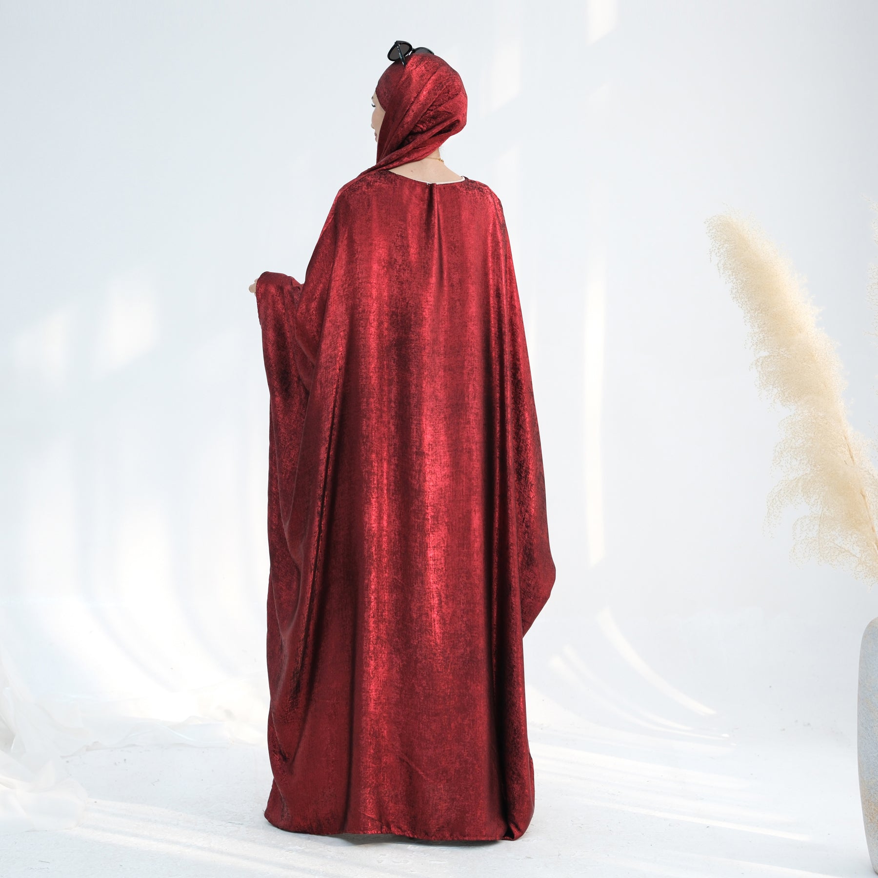 Linora Shimmer Butterfly Abaya - Elegant Ruby Embroidered Islamic Dress for Women | Perfect for Eid, Wedding & Special Occasions