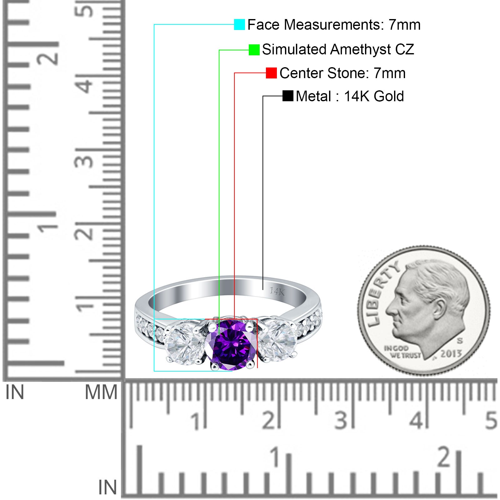 14K Yellow Gold Three Stone Round Amethyst Cubic Zirconia Ring for Women - Elegant Birthstone Jewelry Gift for Anniversary, Valentine's Day & Special Occasions