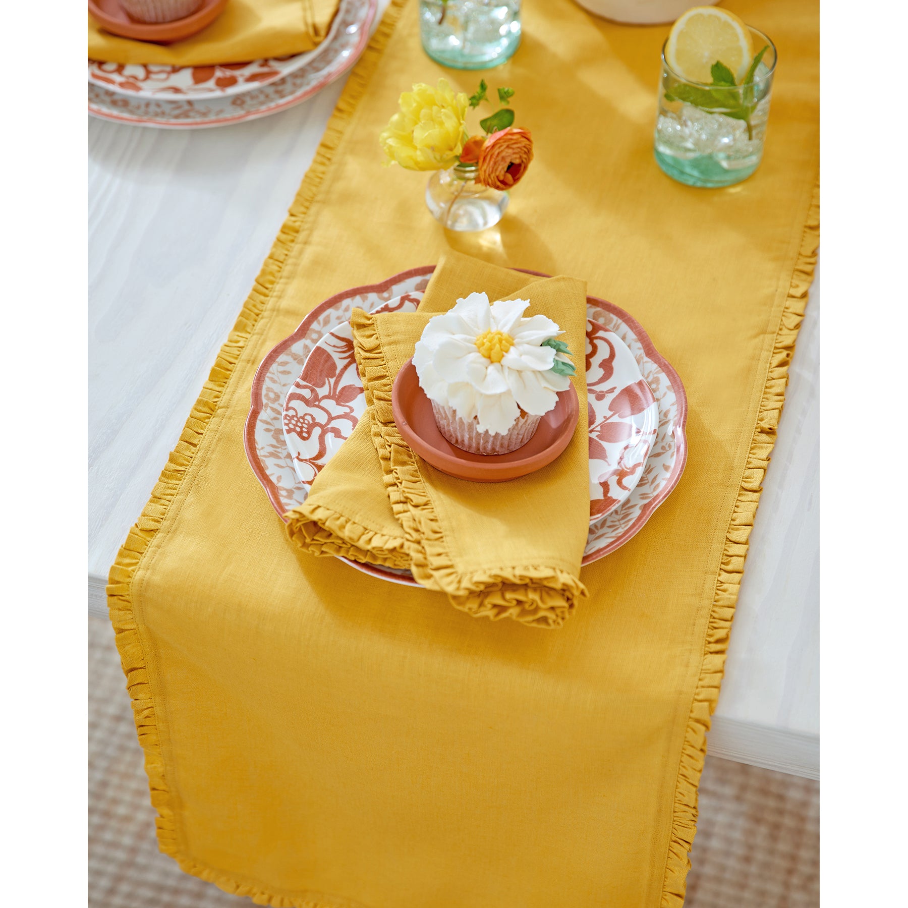 Juliette Ruffle Table Runner - Elegant Lace Trim Dining Table Decor for Weddings, Parties & Home Decor