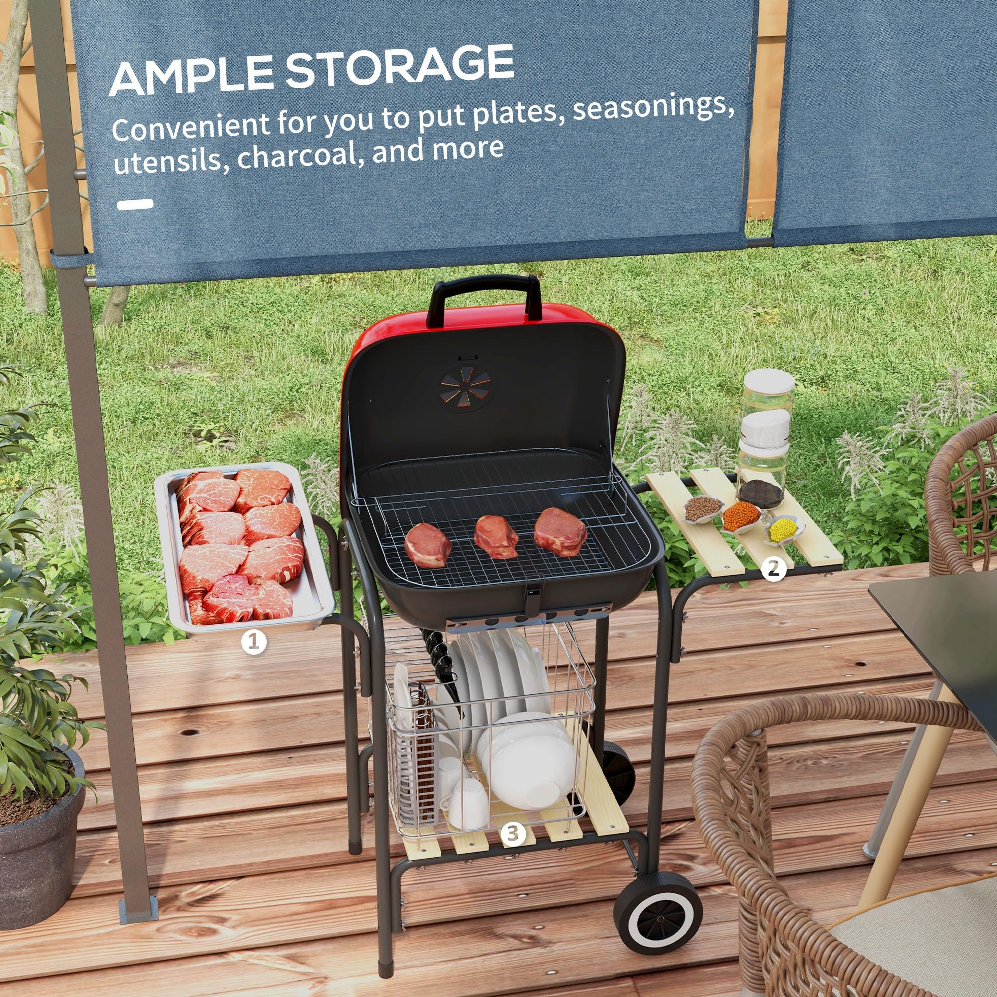 Outsunny 17 Inch Portable Charcoal Grill with Wheels, 2 Side Tables & Bottom Shelf - Adjustable Vents BBQ for Picnic, Camping, Backyard Cooking (Red) | Perfect for Outdoor Grilling, Tailgating & Family Gatherings