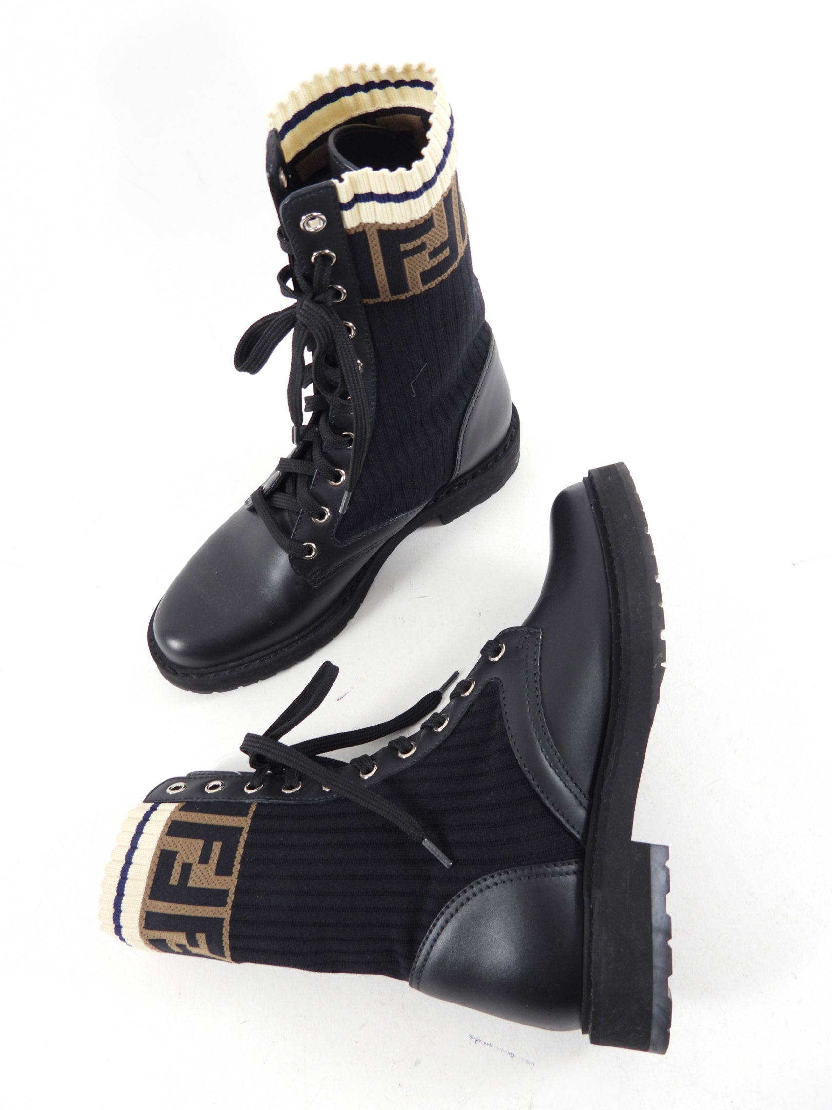 Fendi Black Leather Lace Up Ankle Boots with Zucca Trim - Women's Size 36 | Luxury Designer Boots for Fall & Winter Fashion | Perfect for Office, Parties & Night Out