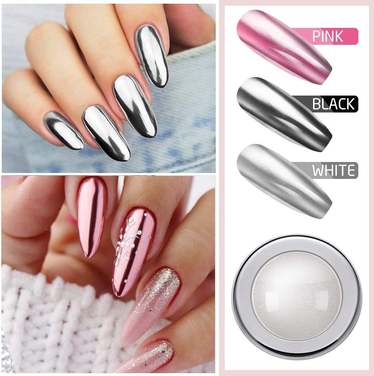 PrettyDiva Silver Chrome Nail Powder - Rose Gold & Pink Mirror Effect Nail Art Pigment | Metallic Shine Manicure Chrome Powder for Nail Extensions, Acrylic Nails & DIY Nail Designs | Perfect for Salon, Home Use & Special Occasions