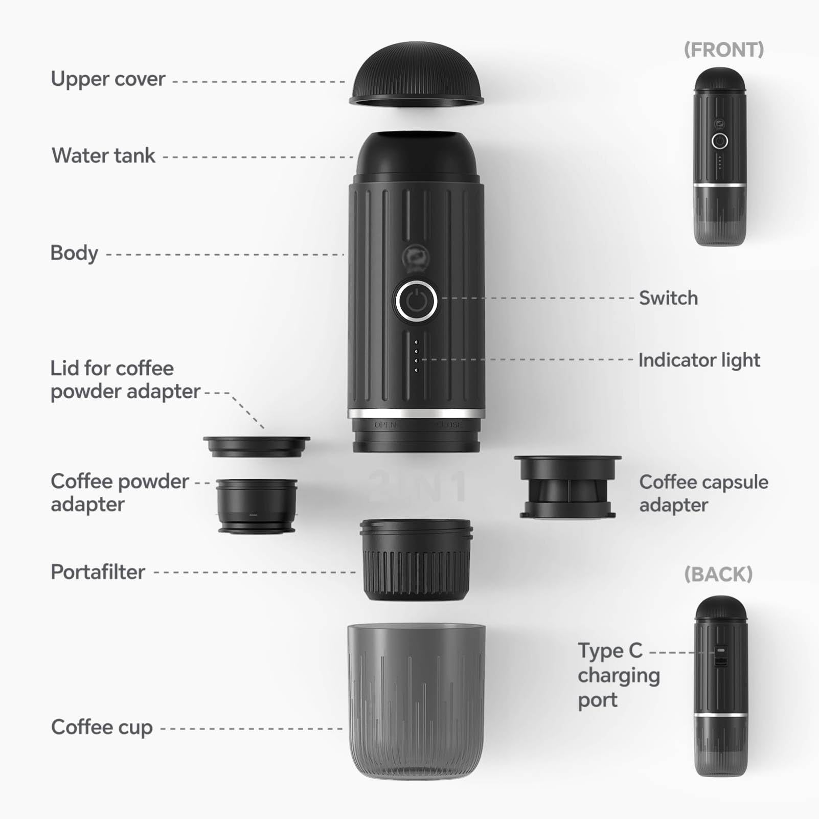 Portable Espresso Maker - 12V Rechargeable Electric Coffee Machine with 3-4 Minute Fast Self-Heating, 19 Bar Pressure, Compatible with Nespresso Capsules & Ground Coffee - Perfect for Car, Camping, Travel, Office & Outdoor Adventures