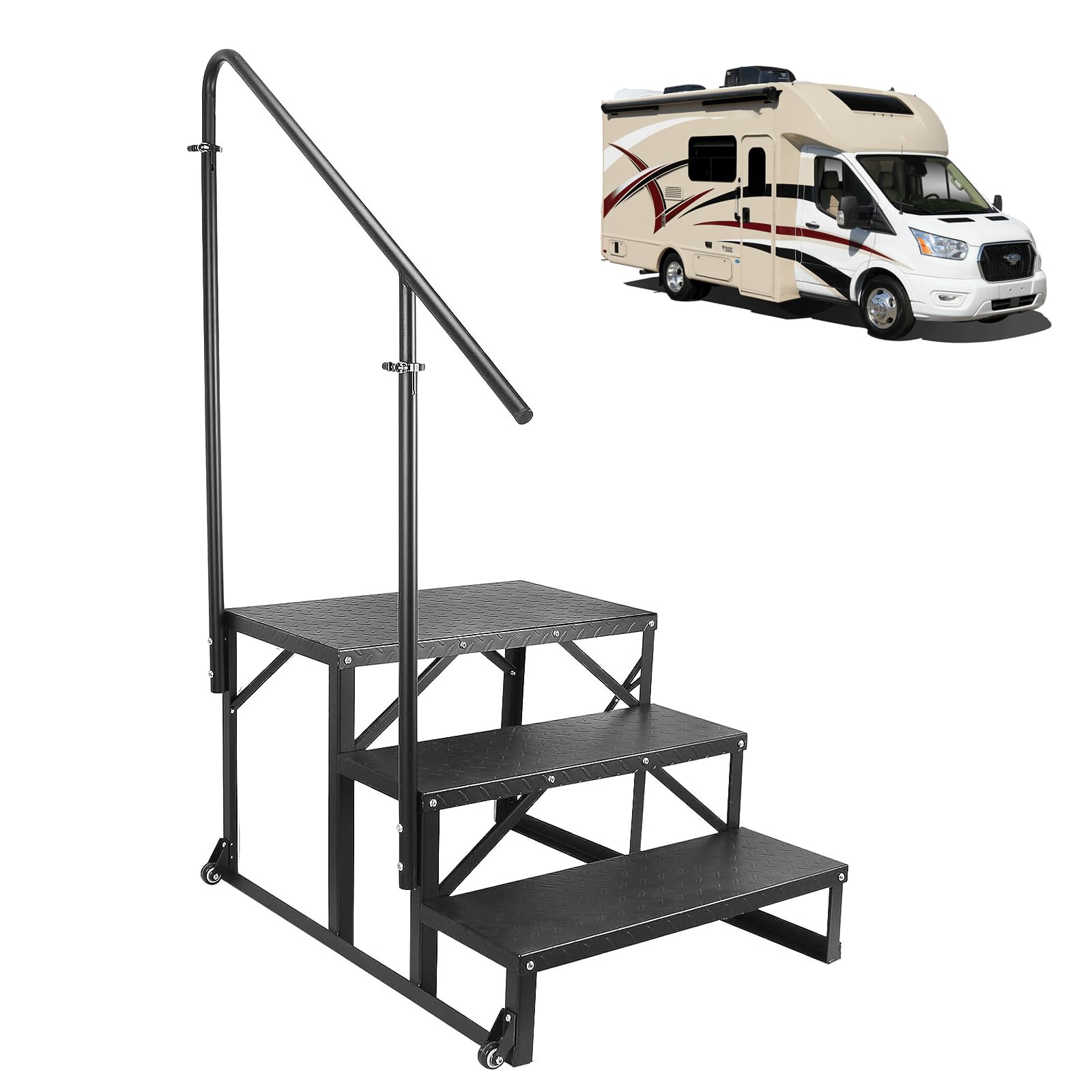 3 Step RV Stairs with Handrail - Adjustable Height, Non-Slip Tread & Wheels - Portable Steps for RV, Hot Tub, Camper, Trailer - Outdoor Use for Easy Access & Safety