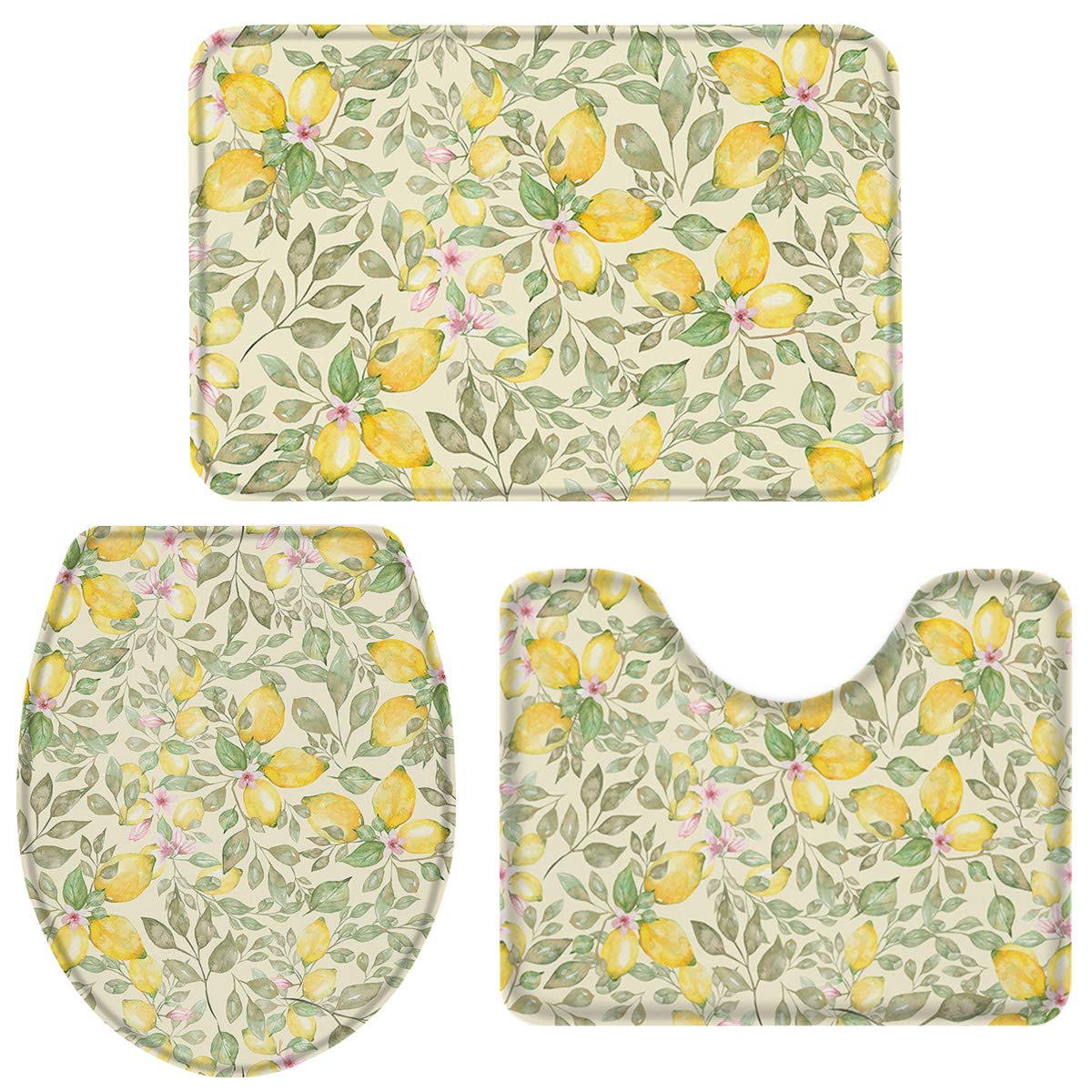 3-Piece Bath Rug Set - Non-Slip Watercolor Lemon Design, Absorbent U-Shaped Toilet Mat with Lid Cover - Floral Fruit Pattern for Bathroom Decor, Summer Refresh - Perfect for Guest Bathrooms, Master Suites & Coastal Home Decor