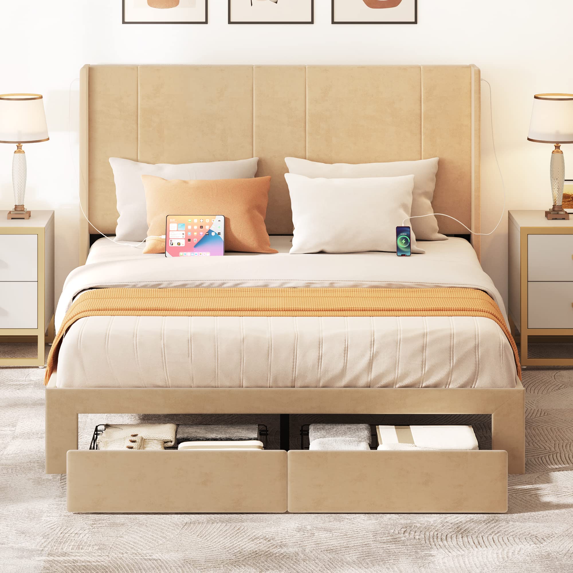 YITAHOME Queen Size Upholstered Platform Bed Frame with Storage Drawers & USB Charging Stations - Beige Modern Bed with Headboard & Wood Slat Support, No Box Spring Needed - Perfect for Small Bedrooms, Guest Rooms & Apartments