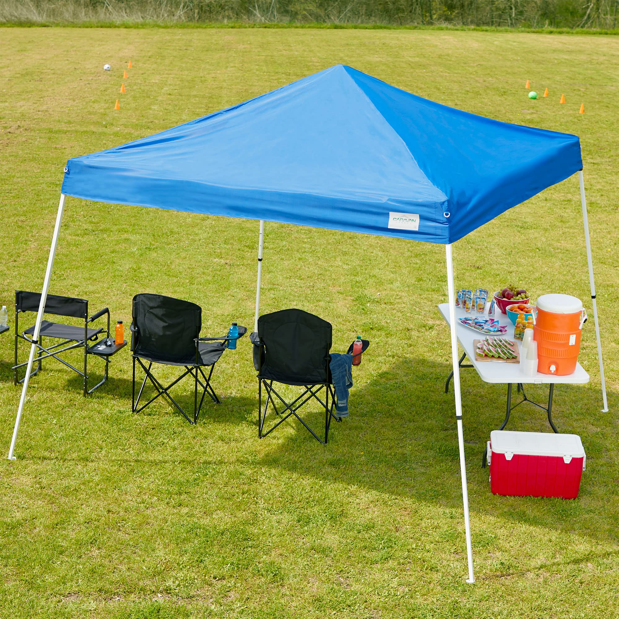 10'x10' Caravan Canopy Sports 21007800020 Pop Up Tent with 8'x8' Top - Blue Outdoor Canopy for Camping, Picnics, Beach & Backyard Parties