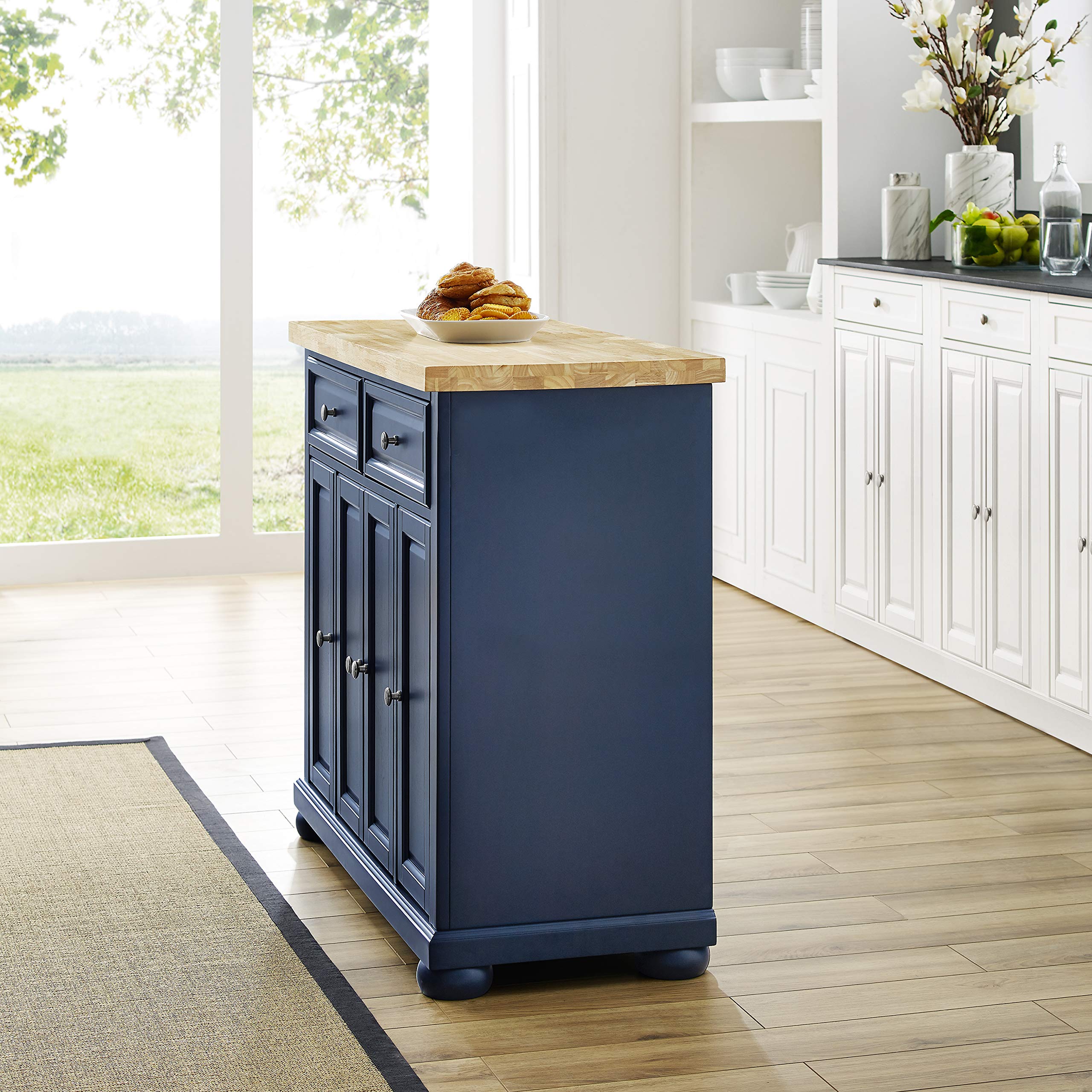 Crosley Furniture Madison Kitchen Island with Storage Shelves & Drawers - Microwave Stand, Coffee Bar Organizer - Navy Blue for Modern Farmhouse & Small Kitchen Spaces