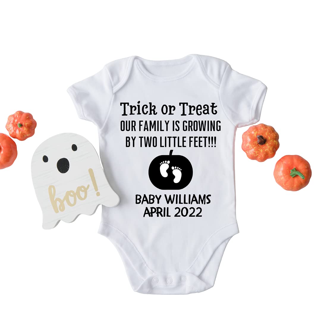 Personalized Halloween Baby Announcement Onesie - Cute Trick or Treat Pregnancy Reveal Bodysuit for Grandparents, Husband & Family | Gender Reveal, Baby Shower Gift & Halloween Photo Prop