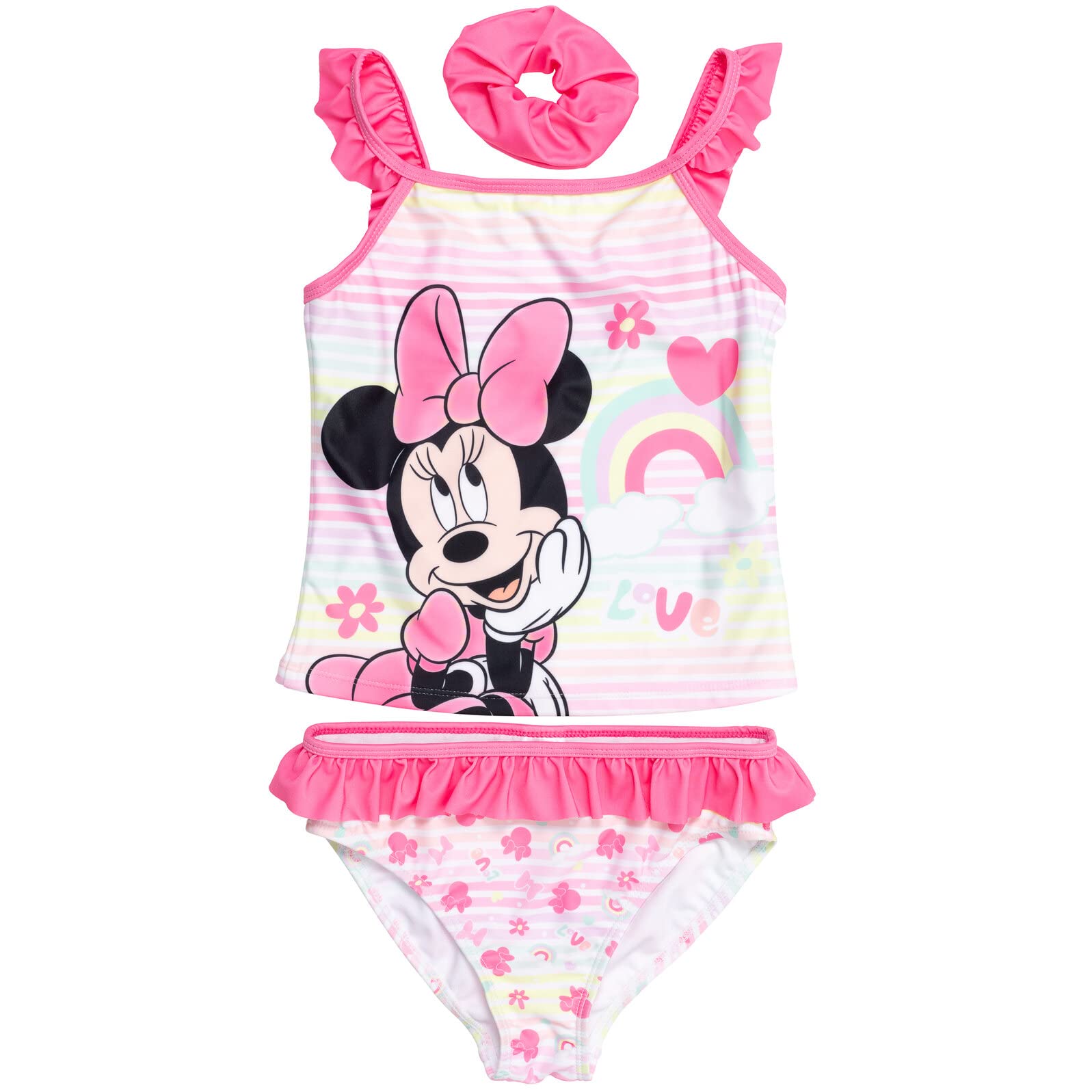 Disney Princess Minnie Mouse Frozen Tankini Top & Bikini Bottom 3-Piece Swimsuit Set with Scrunchie for Girls (Infant to Big Kid) - Perfect for Pool Parties, Beach Vacations & Summer Fun