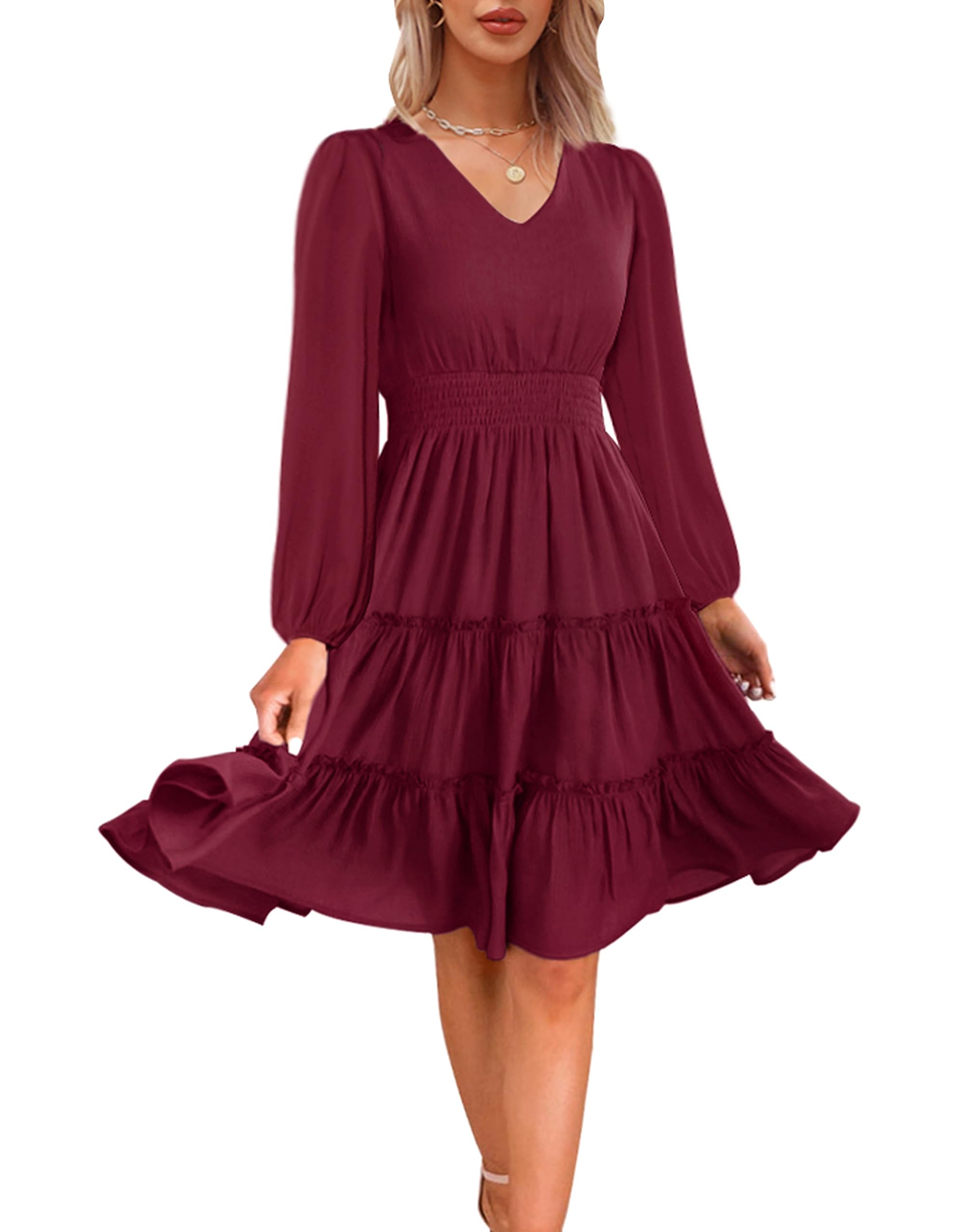 Zattcas Women's 2025 Spring Summer Flowy V-Neck Smocked Waist A-Line Tiered Midi Dress - Casual Work Dress for Office, Wedding Guest & Vacation
