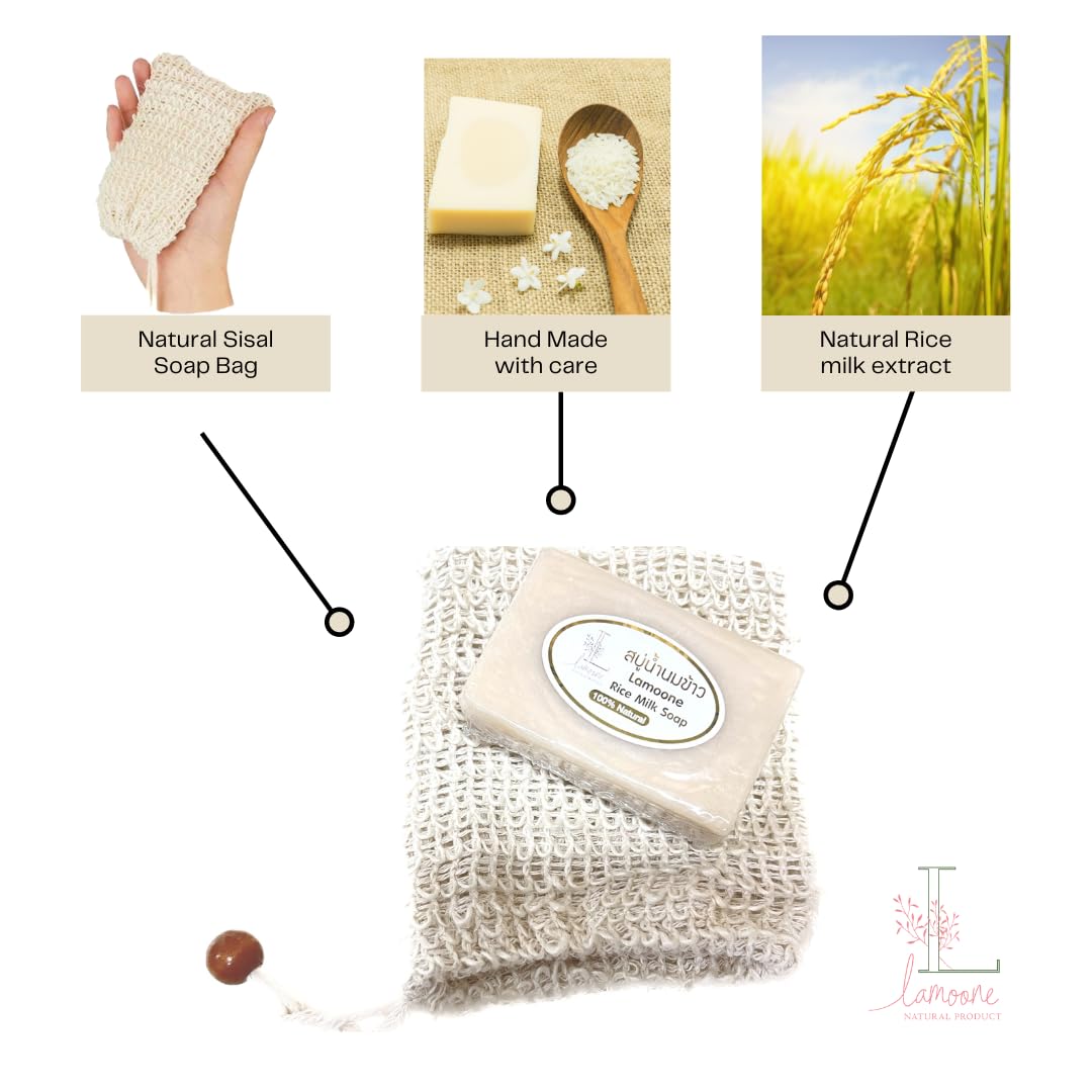 Organic Herbal Rice Milk Soap with Natural Exfoliating Bag - Moisturizing Collagen Glycerin Vitamin E Soap Bar 3.5oz (100g) - Gentle Lather for Dry & Sensitive Skin - Made in Thailand - Perfect for Daily Cleansing, Spa Treatment & Gift Giving