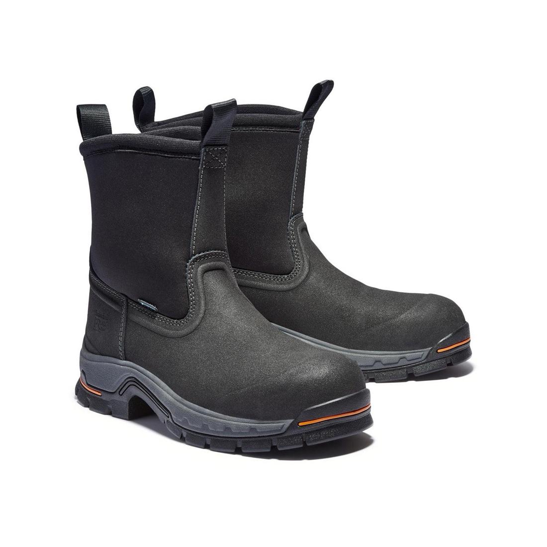 Stockdale Alloy Toe Waterproof Pull-On Work Boots for Men - Slip Resistant Black Safety Shoes for Construction, Warehouse & Outdoor Work