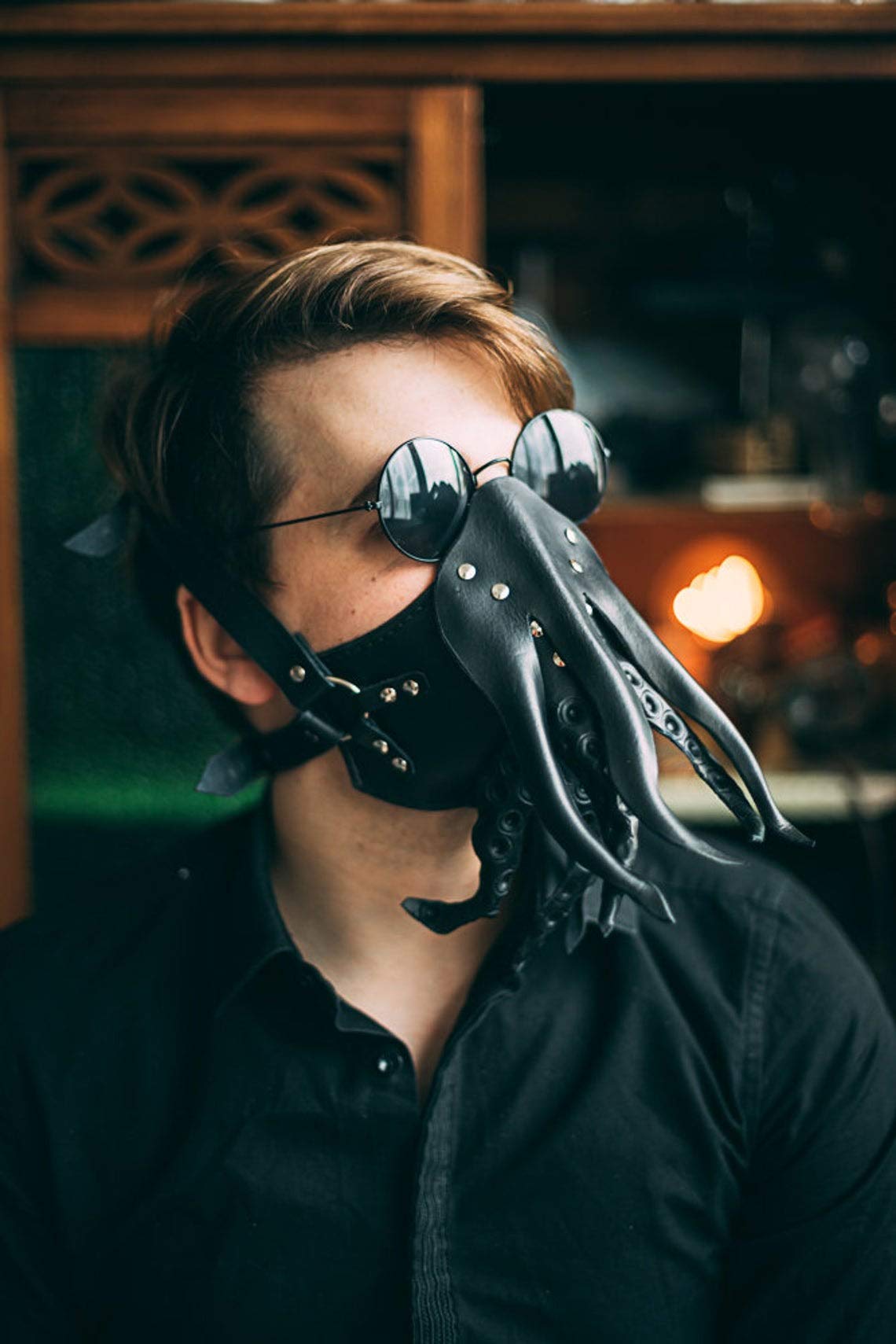 Steampunk Leather Mask - Cthulhu Octopus Design for Cosplay & Halloween Costume - Perfect for LARP, Gothic Fashion, and Horror Conventions