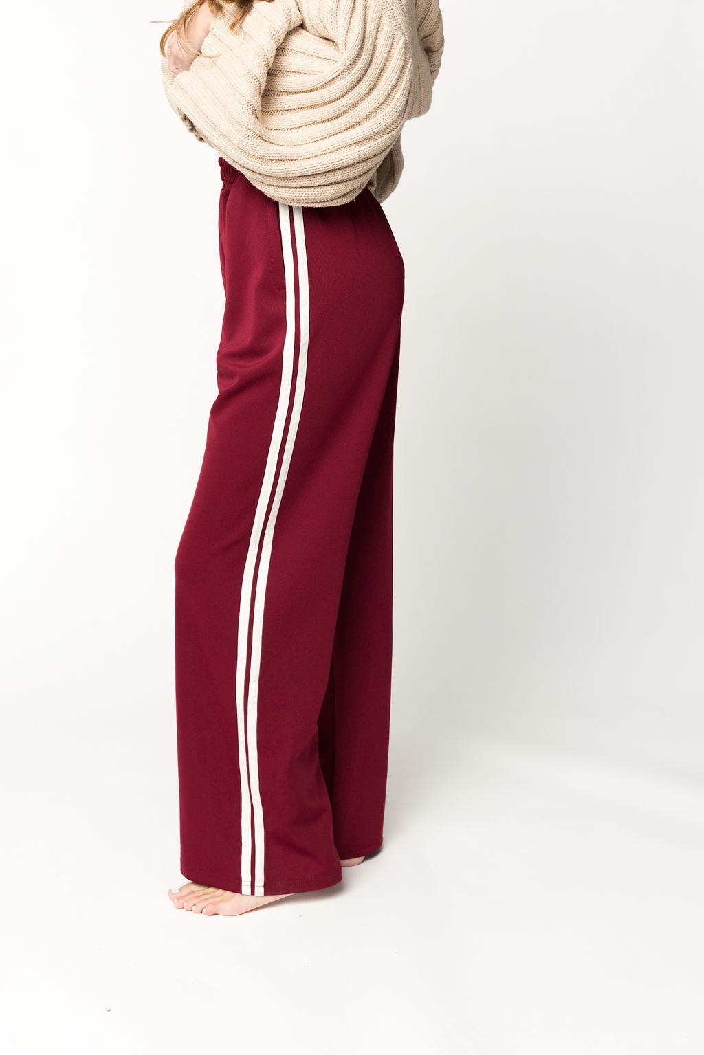 Sue Women's Burgundy Wide Leg Track Pants - Comfortable High Waisted Lounge Pants for Yoga, Running, Workout & Casual Wear
