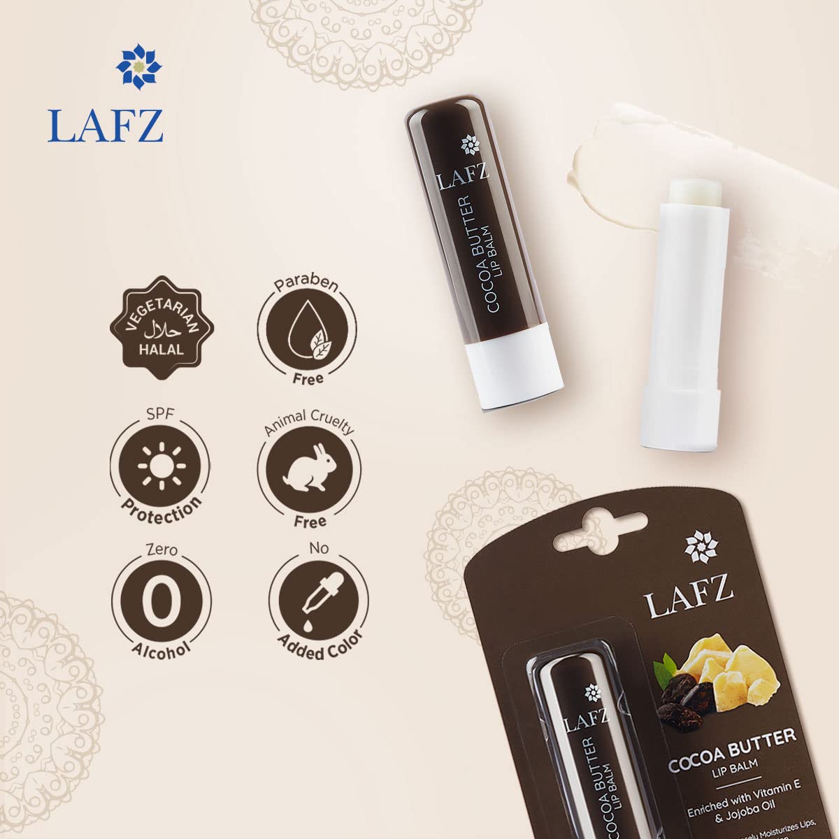 LAFZ Cocoa Butter Lip Balm with Vitamin E & Jojoba Oil - SPF Moisturizing Treatment for Dry, Chapped Lips - 100% Vegan, 9g (Pack of 2) - Perfect for Winter Care & Daily Sun Protection