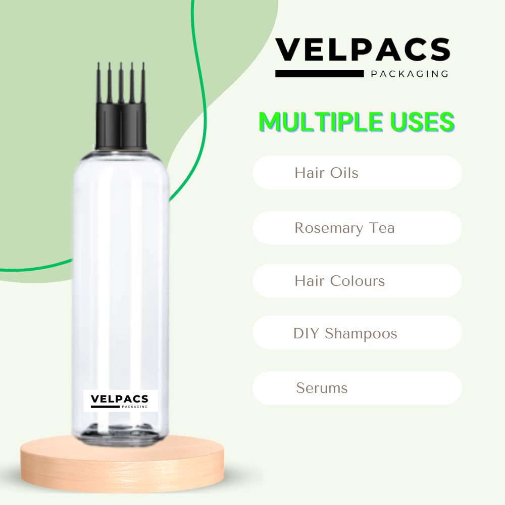 Velpacs 200ml Clear Empty Plastic Bottles with 2 Applicators & 1 Mist Sprayer (3-Pack) - Refillable Containers for Rosemary Oil, Hair Growth Serums, Essential Oils, Perfumes & Travel Toiletries | DIY Beauty, Aromatherapy & On-The-Go Use